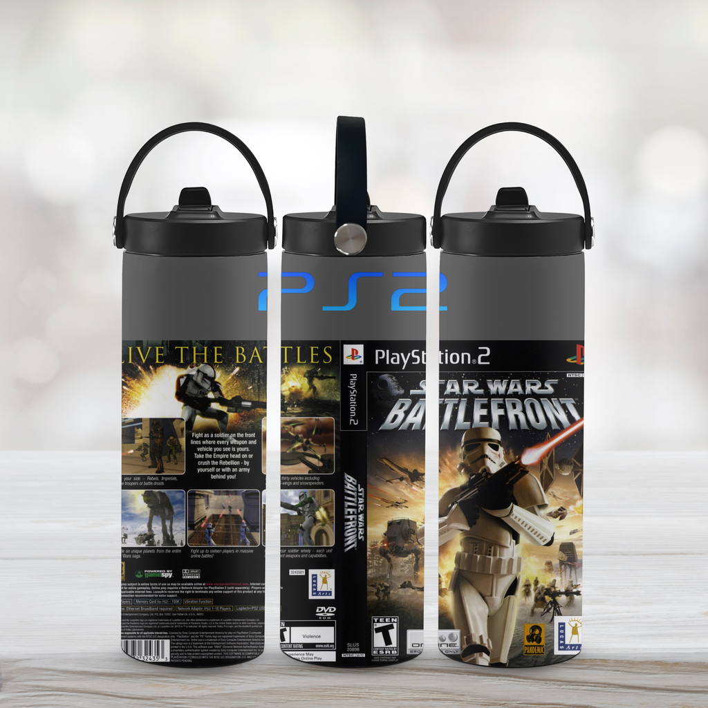 Three water bottles with 'Star Wars Battlefront' and 'PlayStation 2' branding on a light background.