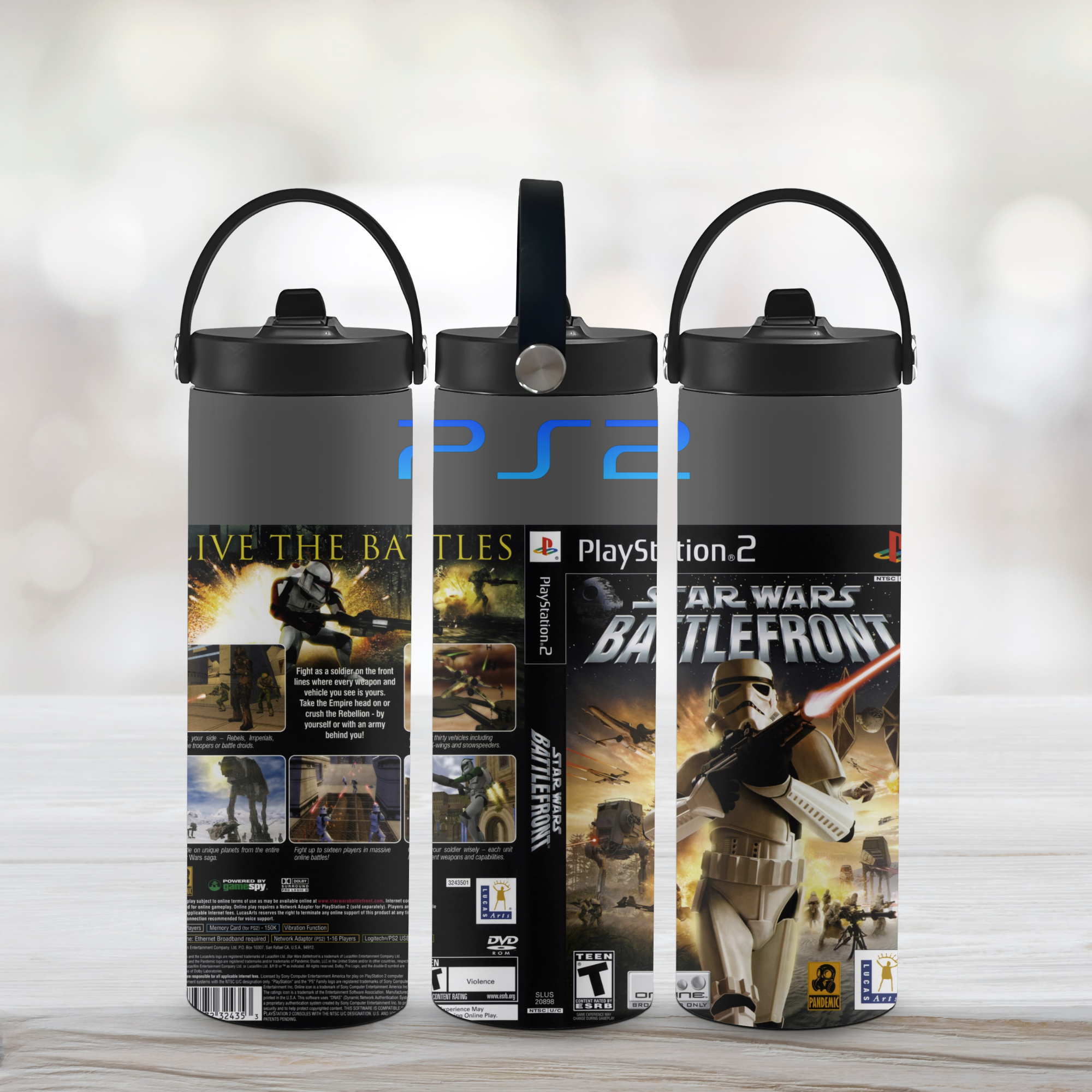 Three water bottles with 'Star Wars Battlefront' and 'PlayStation 2' branding on a light background.