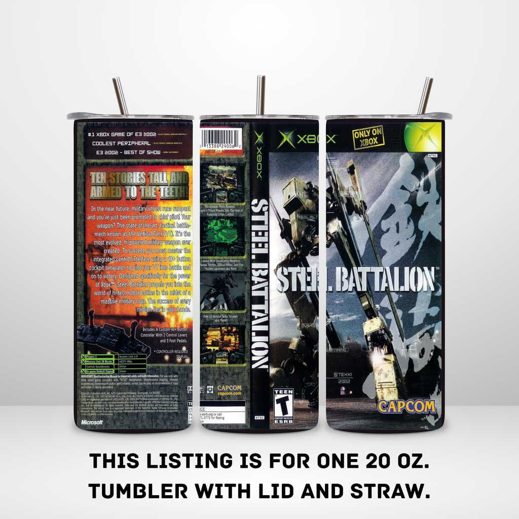 Three views of a 20 oz metal tumbler with lid and straw, printed with Steel Battalion Xbox video game artwork and text, shown on a light gray background with text stating the listing is for one 20 oz tumbler.