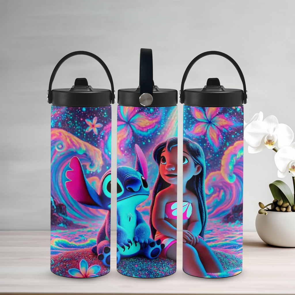 3 water bottle images of Stitch image on a white colored background.