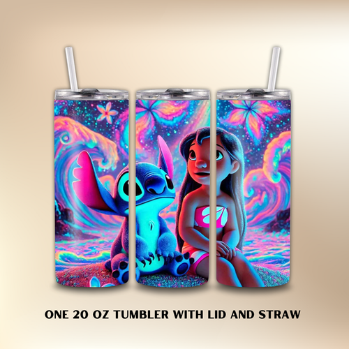 20 oz tumbler with colorful designs of a Stitch character on a beige background
