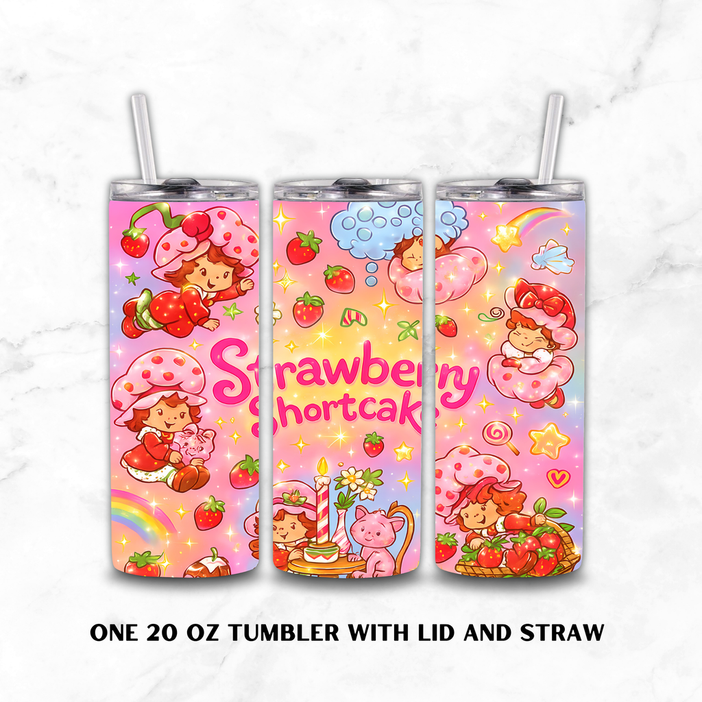 Three views of a 20 oz stainless steel tumbler with lid and straw, decorated with a colorful Strawberry Shortcake theme. The design features cartoon characters in pink mushroom hats, strawberries, stars, and the text 'Strawberry Shortcake' on a pastel pink and yellow background.
