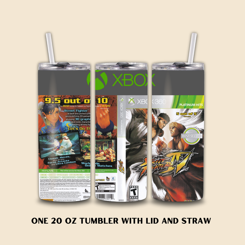 Tumbler with Street Fighter design featuring video game graphics on a beige background