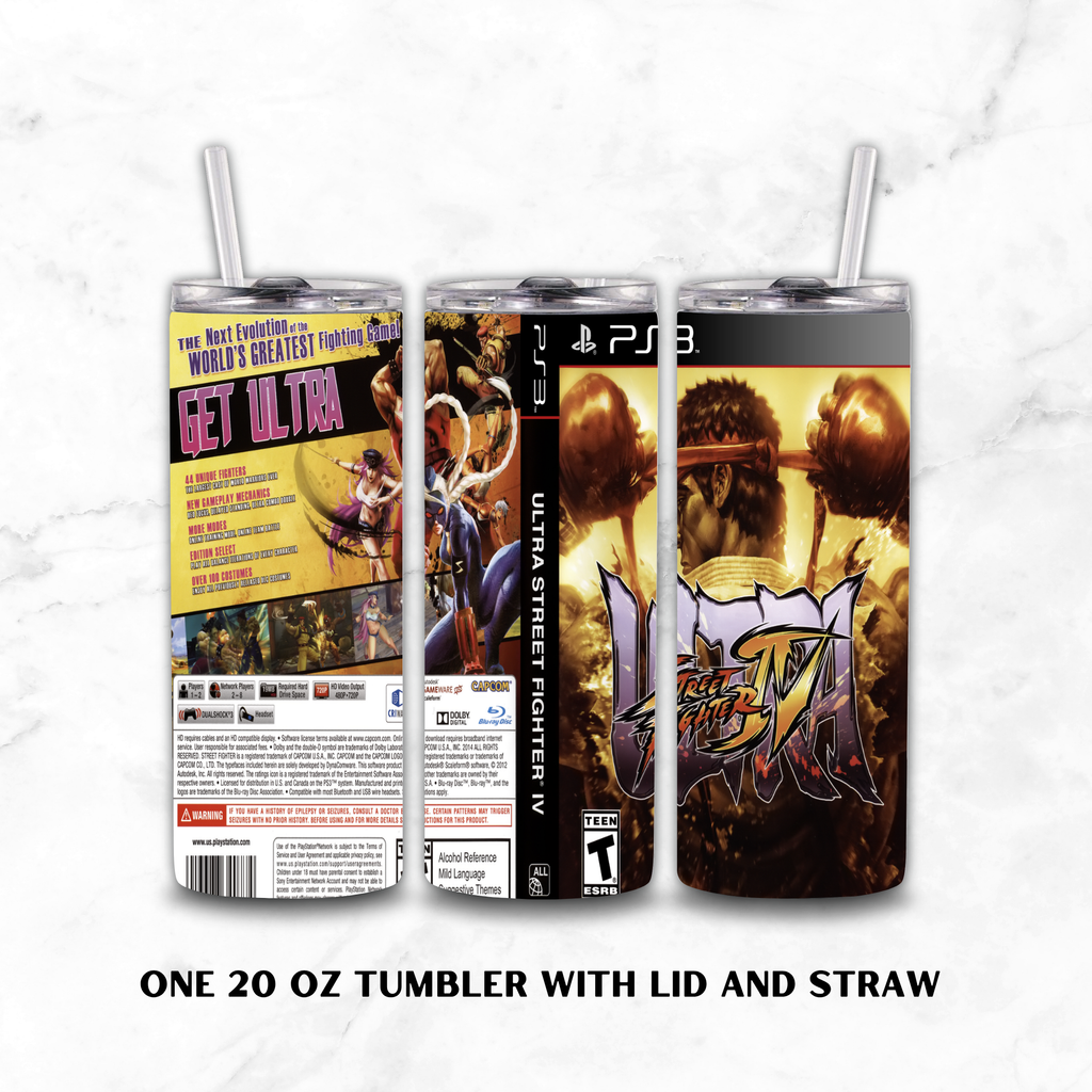 Three views of a 20 oz stainless steel tumbler with lid and straw, featuring a Street Fighter IV Ultra Edition wrap design. The tumbler is shown from the back, side, and front, displaying PlayStation 3 branding and character artwork on a white marble background.