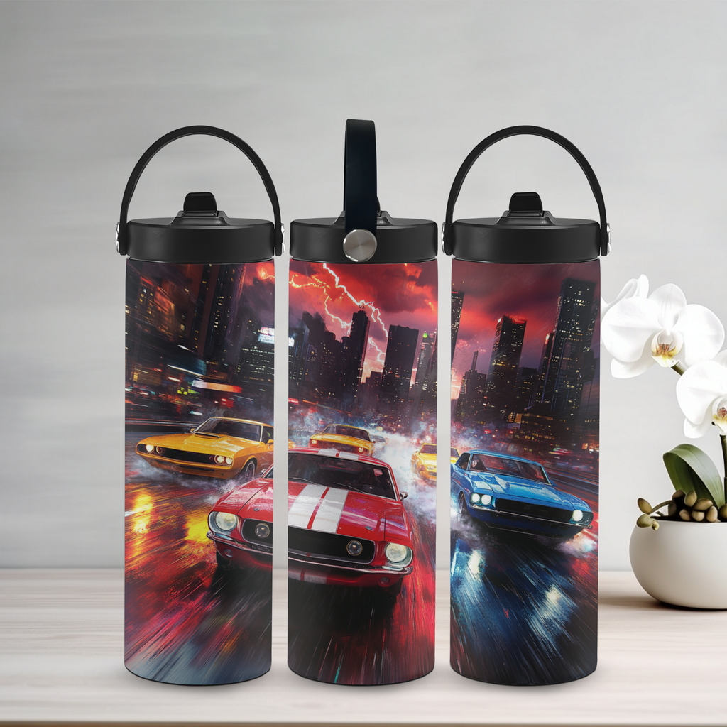 Three cylindrical water bottles with car-themed designs on a light surface.
