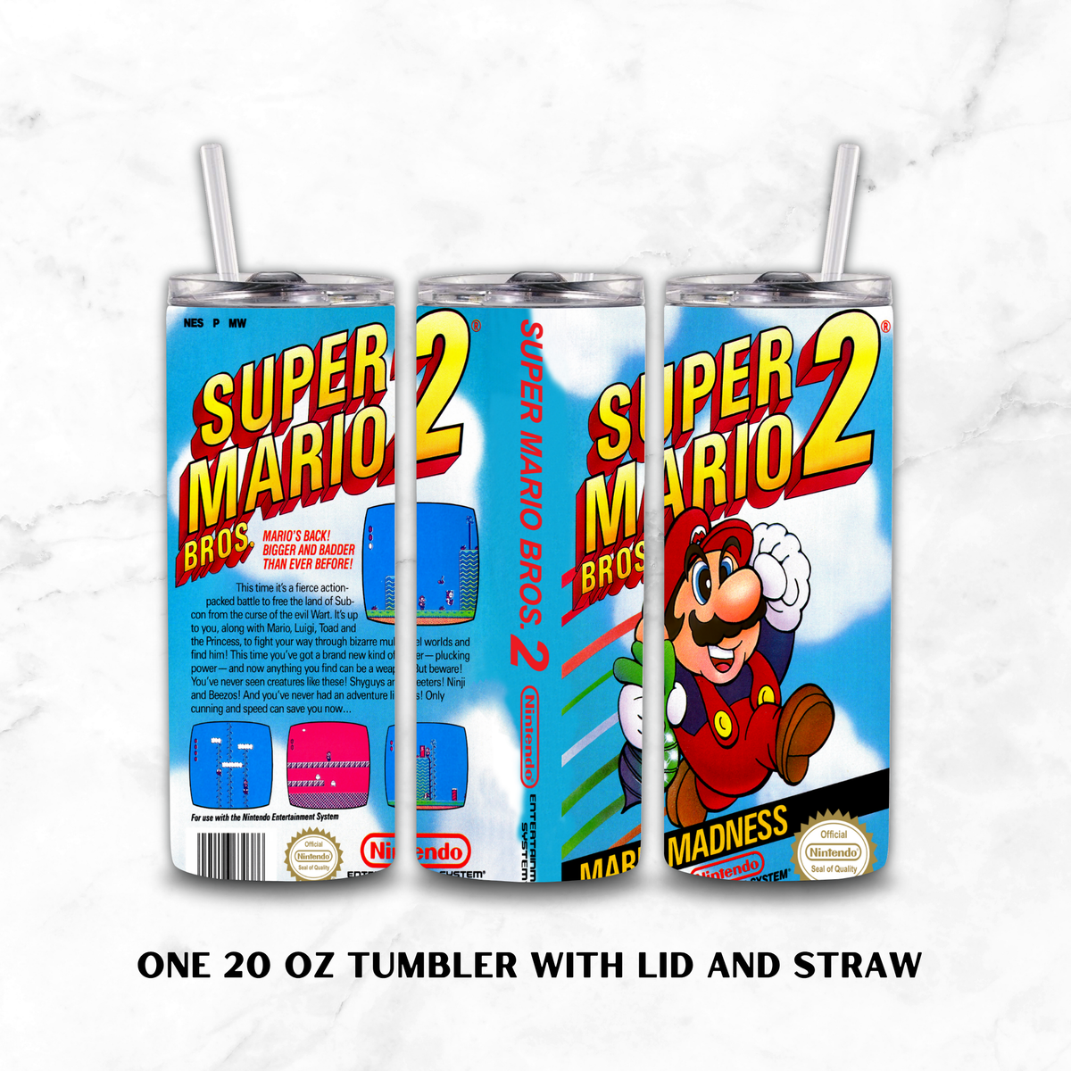 Three views of a 20 oz stainless steel tumbler with lid and straw, featuring a NES Super Mario Bros. 2 wrap design on a white marble background.