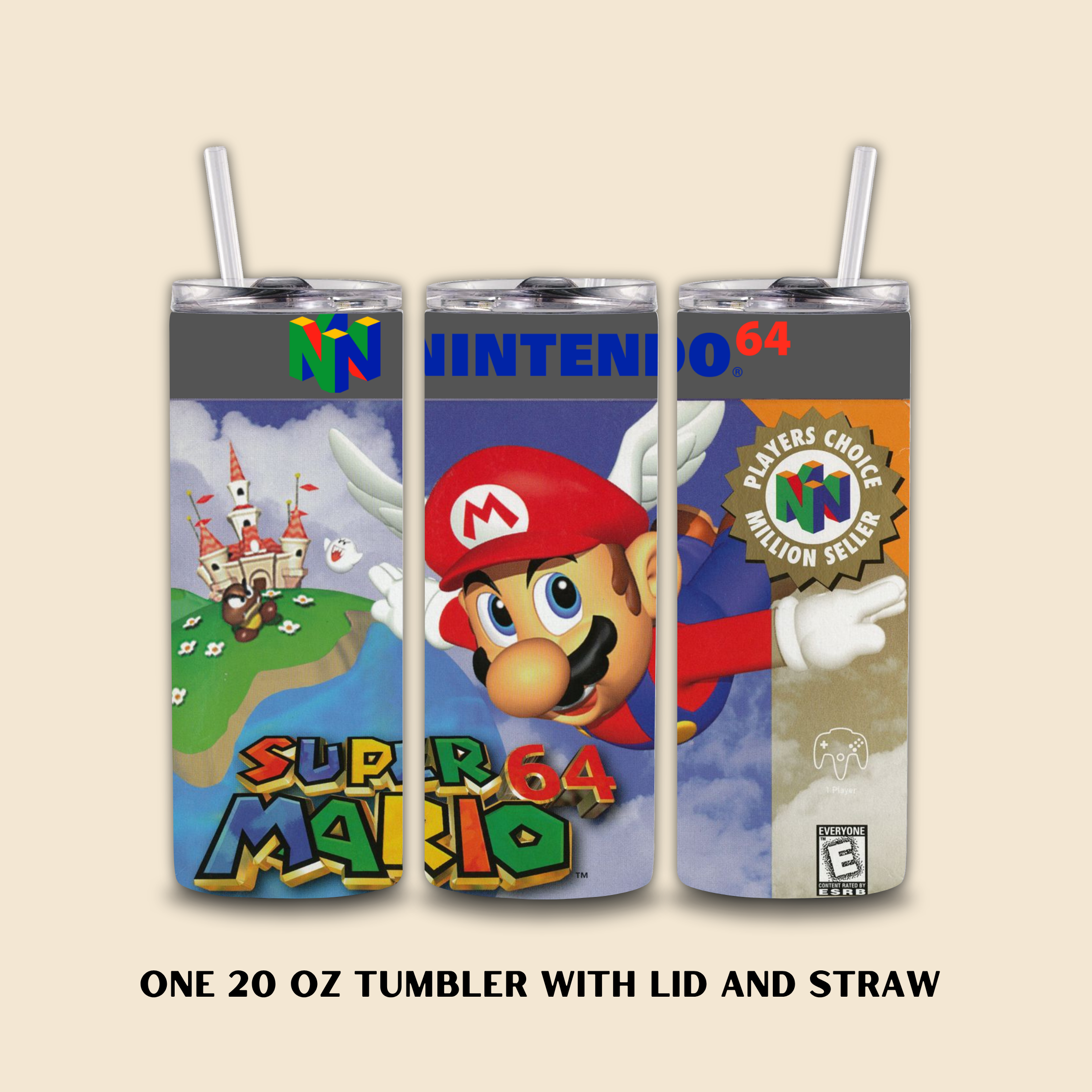 Three tumbler designs inspired by super mario 64 games on a beige background
