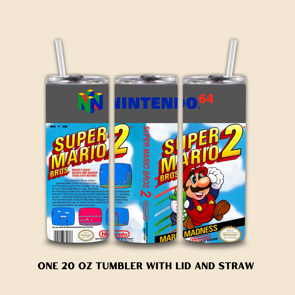 Three tumbler designs with Super Mario Bros. branding on a beige background