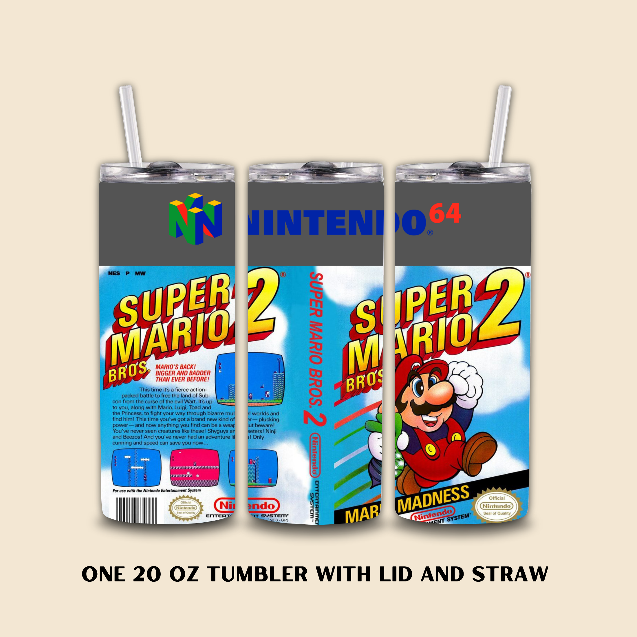 Three tumbler designs with Super Mario Bros. branding on a beige background