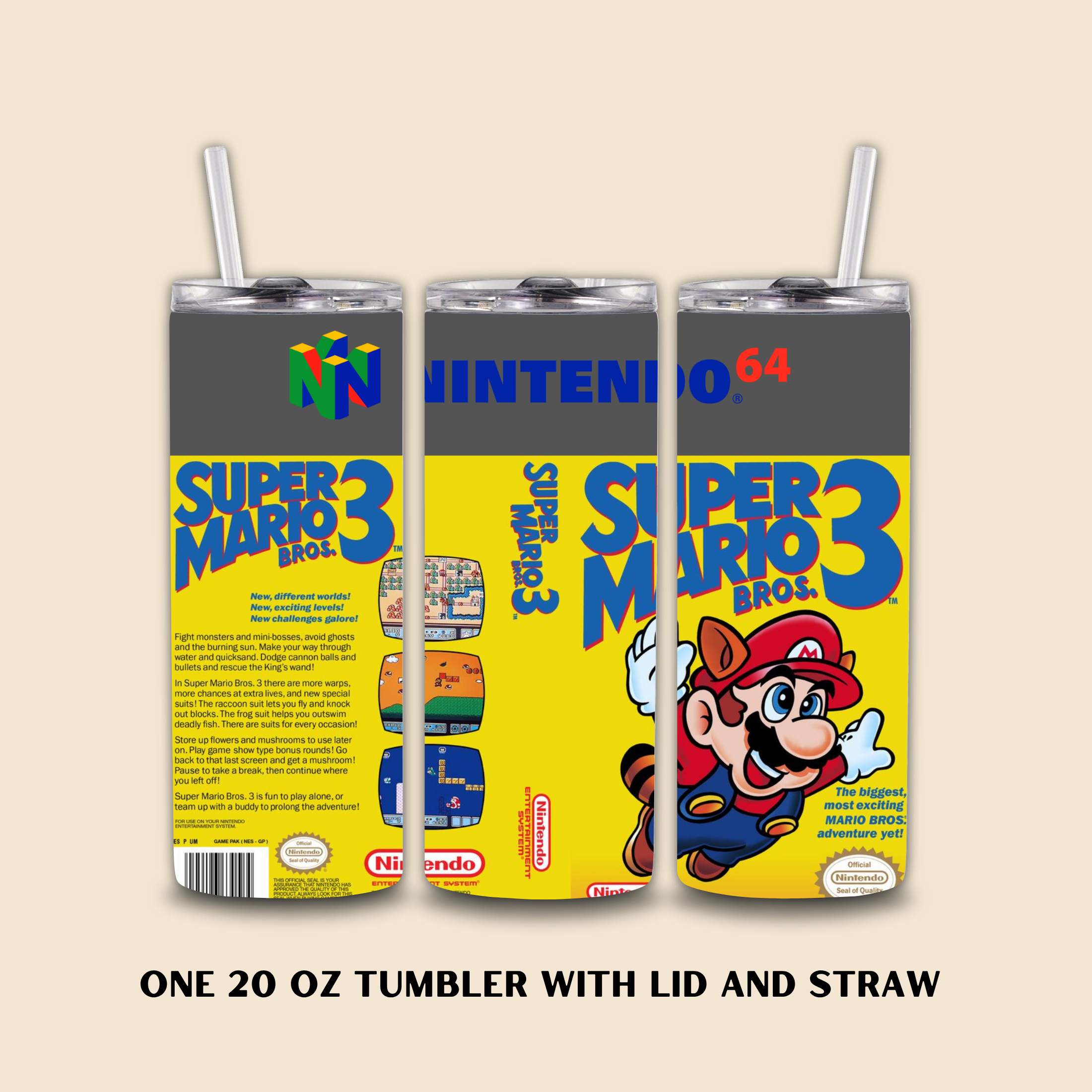 Three tumbler with lids and straws featuring Super Mario Bros. 3 design on a beige background.