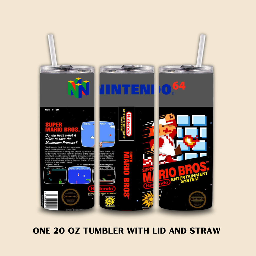 Three tumbler with lids and straws featuring Nintendo 64 and Super Mario design on a beige background.