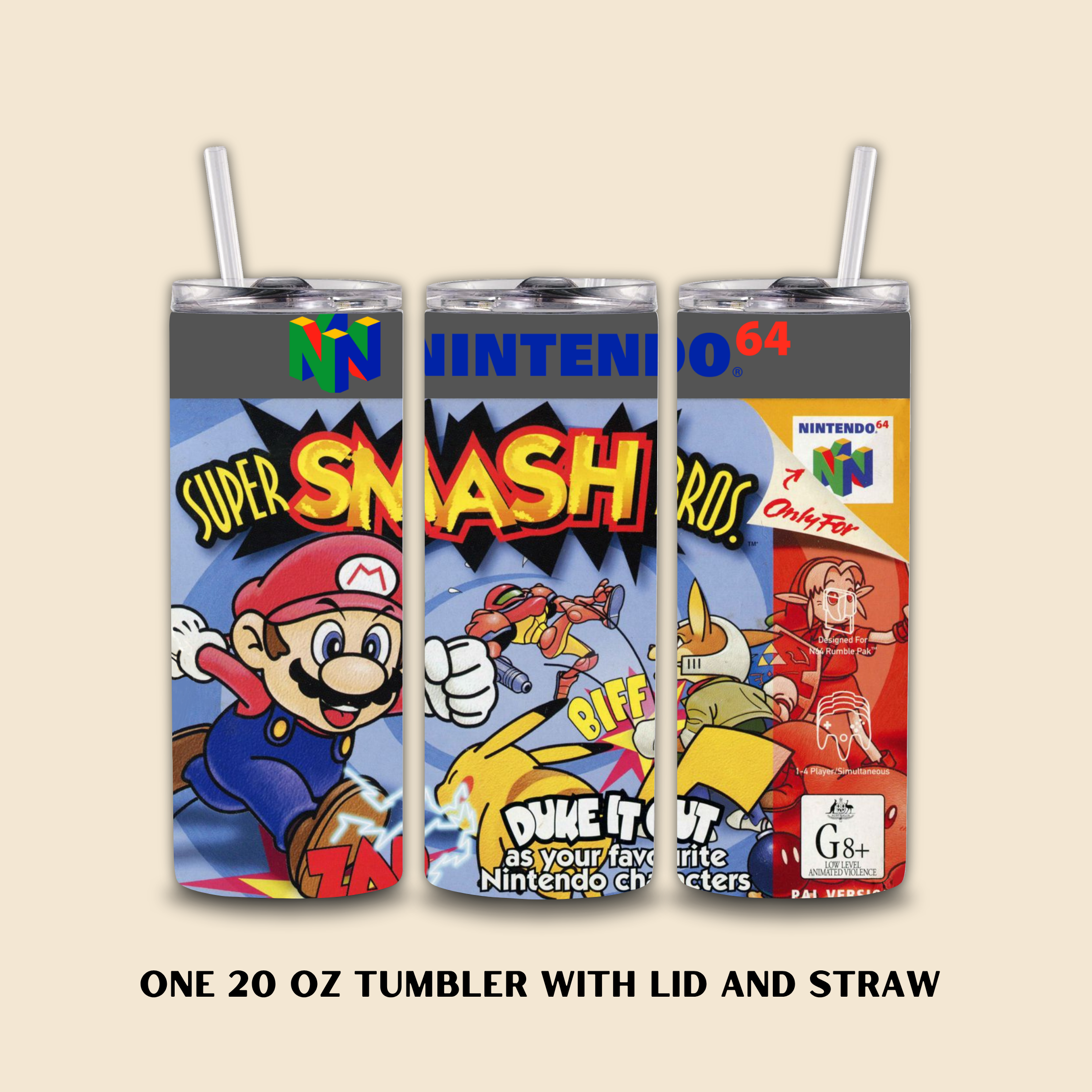 Three tumbler designs with Nintendo characters Super Smash Bros and branding on a beige background.