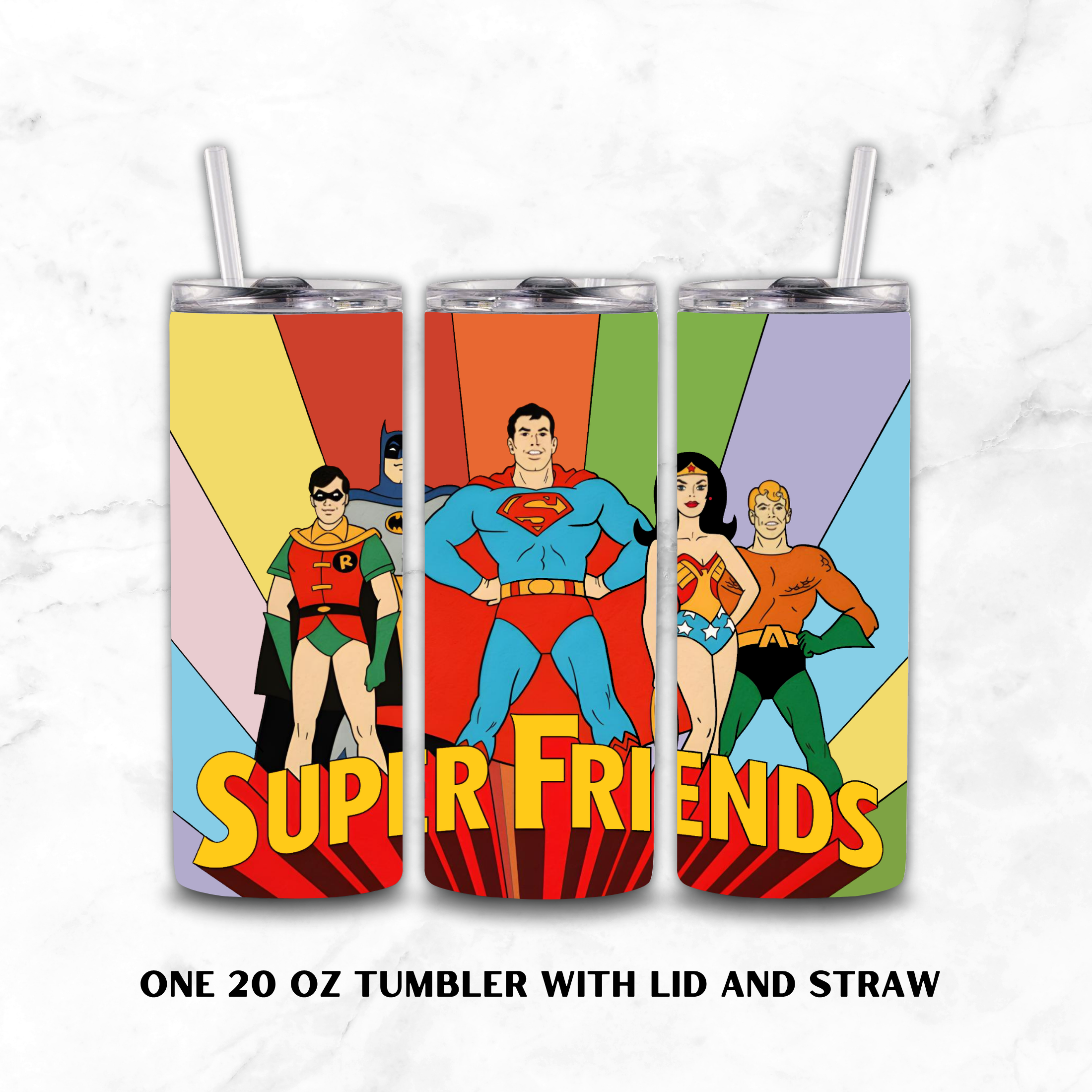 Three views of a 20 oz stainless steel tumbler with lid and straw, featuring colorful retro comic book-style superhero characters and the text 'SUPER FRIENDS' on a white marble background.