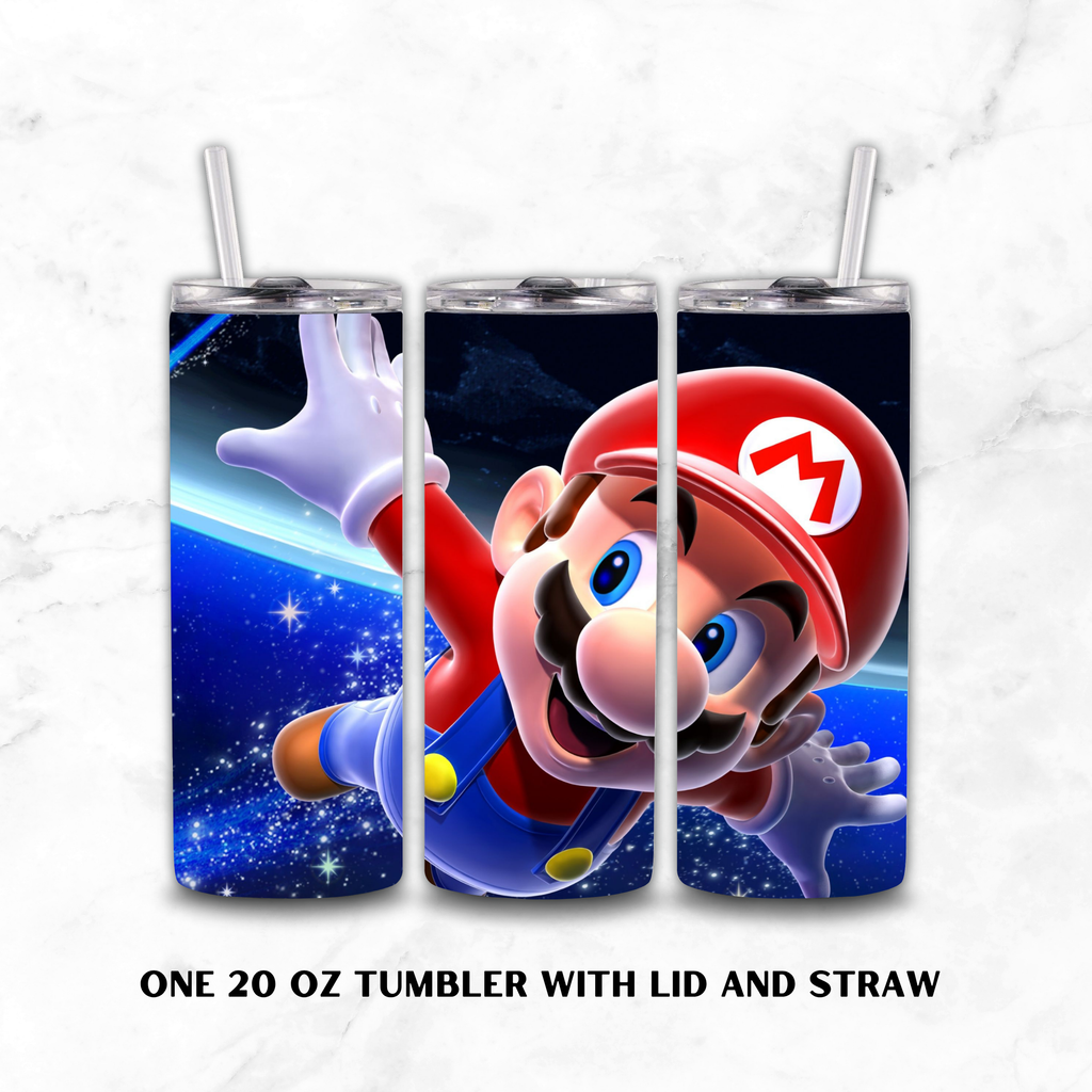 A 20 oz tumbler with lid and straw shown in three vertical panels, featuring a Super Mario graphic on a space background. The tumbler is displayed on a white marble surface with the text 'ONE 20 OZ TUMBLER WITH LID AND STRAW' below.