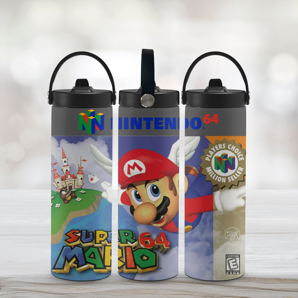 Three sports water bottles with super mario 64-themed designs on a light background