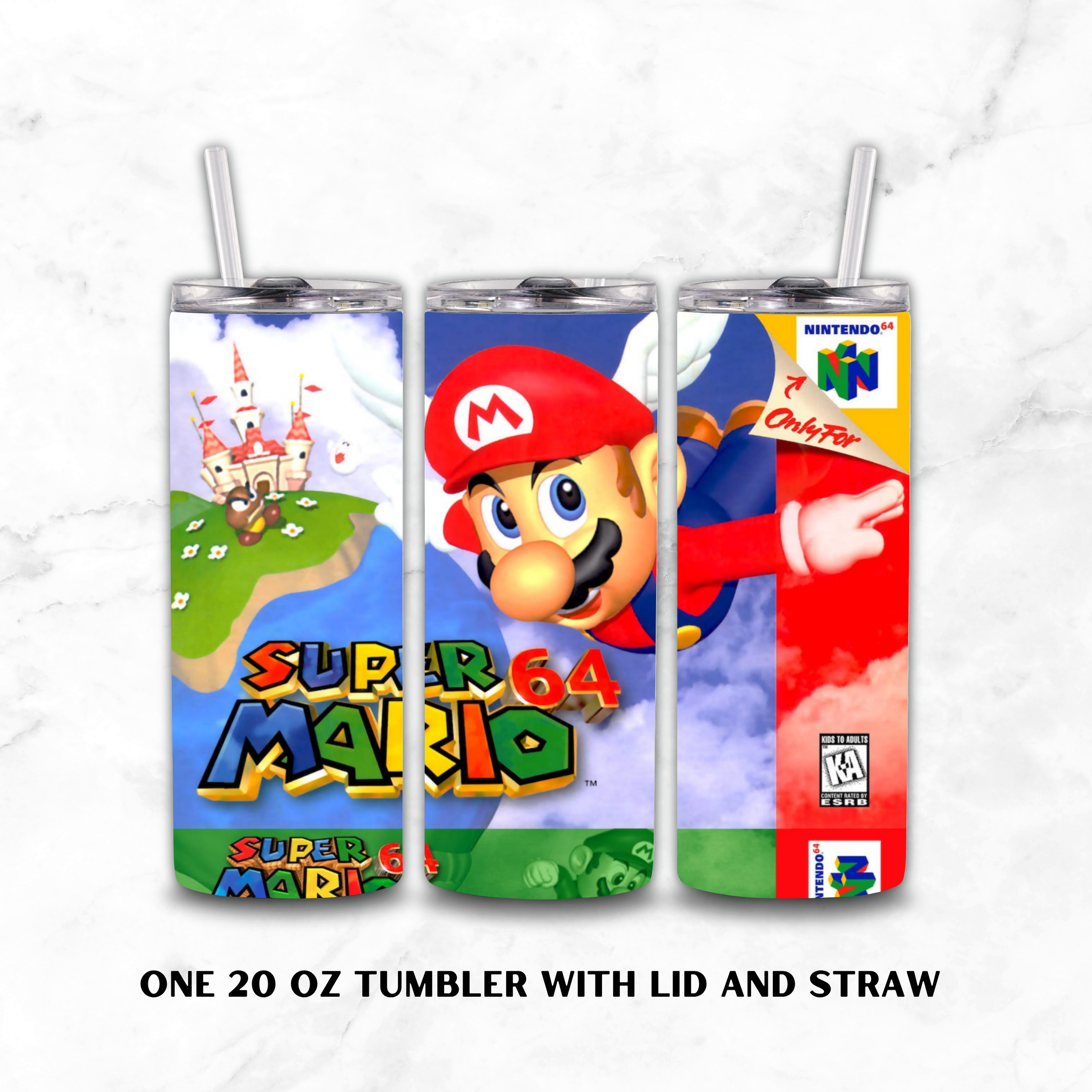 Three views of a 20 oz tumbler with lid and straw, featuring Super Mario 64 artwork on a white marble background. The designs show Mario, the castle, and the Nintendo 64 branding.