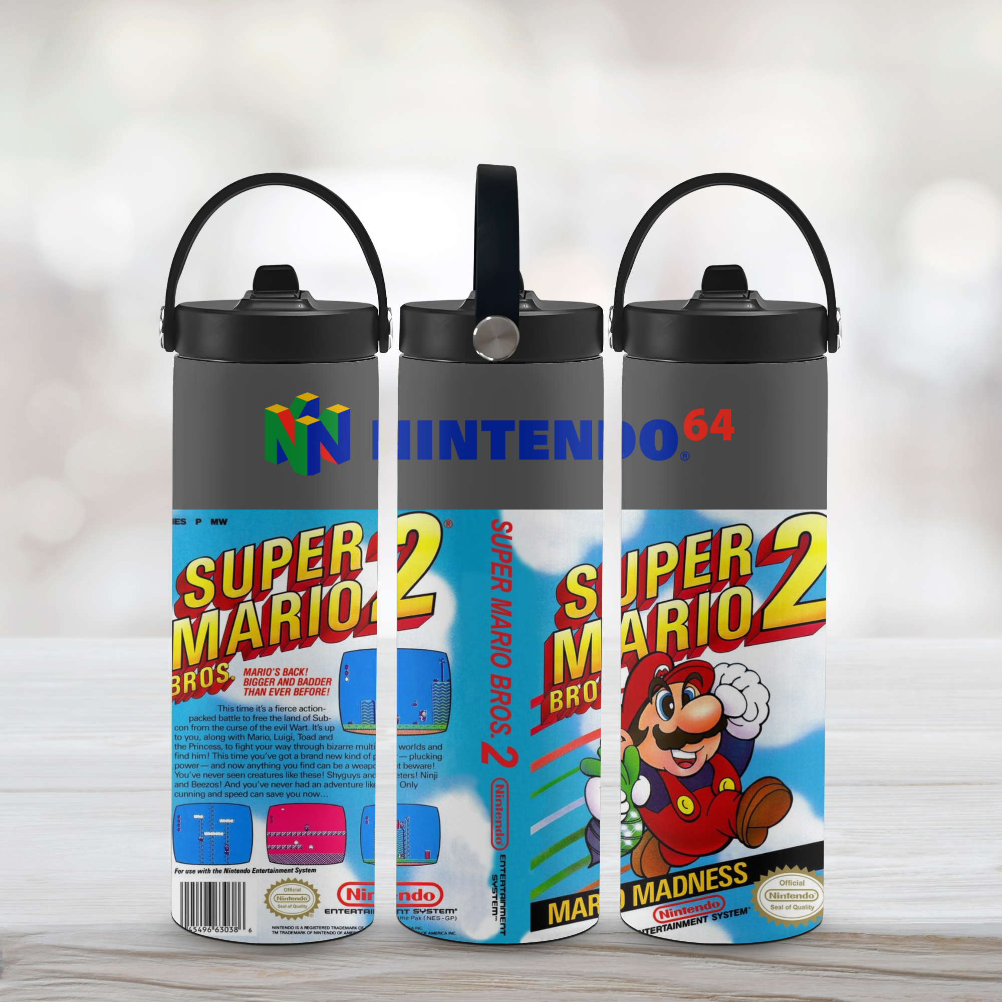 Three tumbler designs inspired by Super Mario Bros. 2 with Nintendo branding on a light background.
