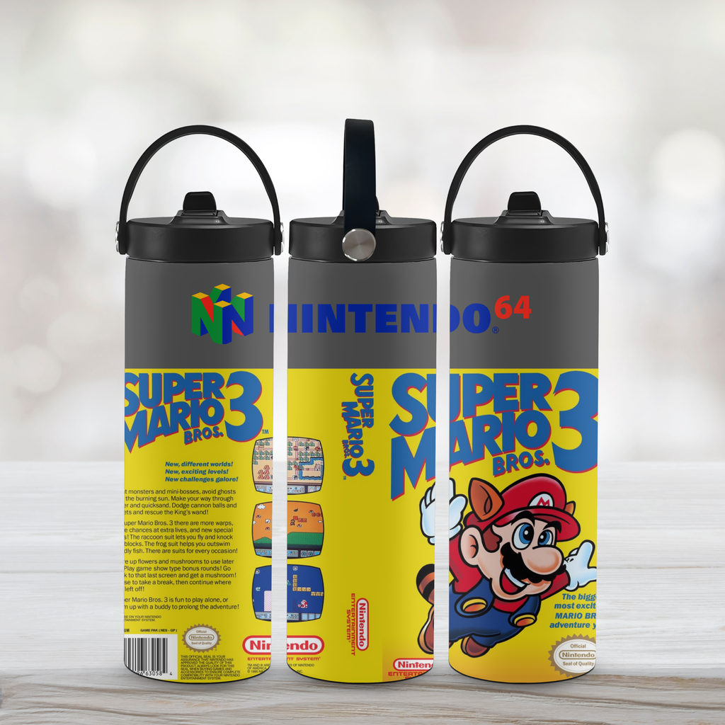 Three tumbler designs inspired by 'Super Mario Bros.' with Nintendo branding on a light wooden surface.