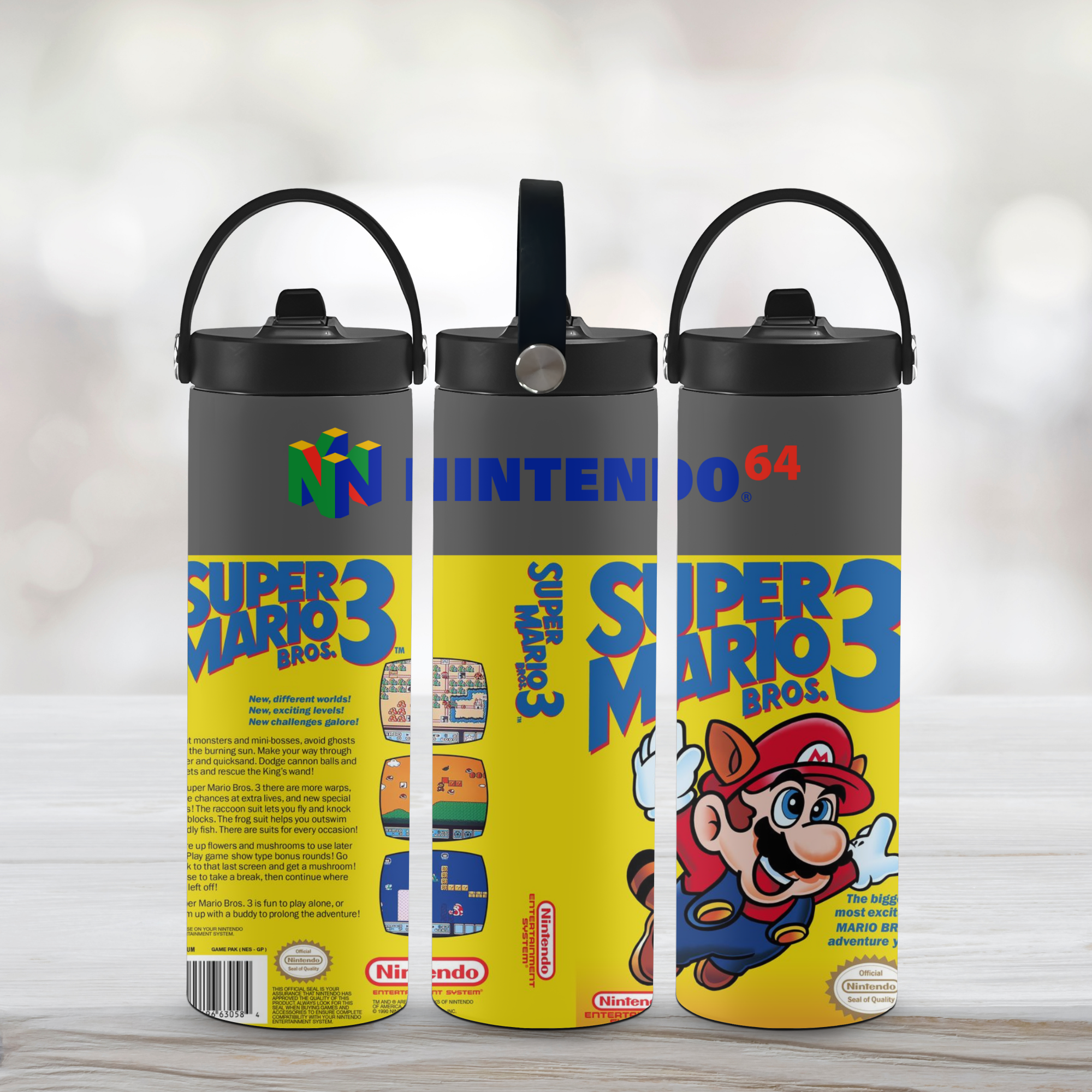 Three tumbler designs inspired by 'Super Mario Bros.' with Nintendo branding on a light wooden surface.