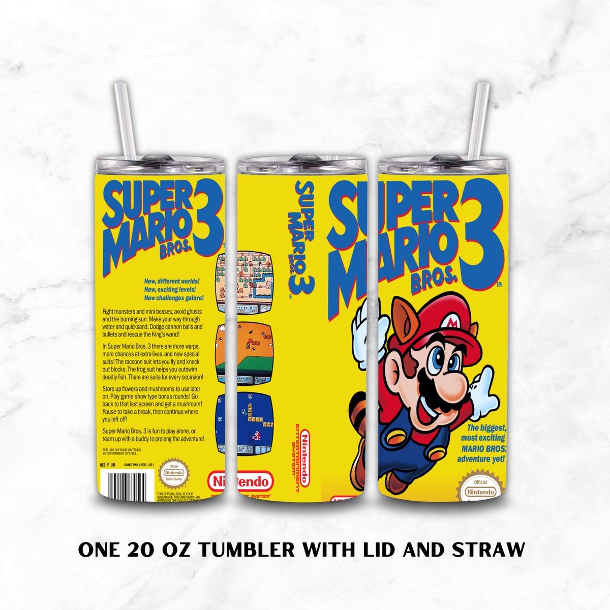 Three views of a 20 oz Super Mario Bros. 3 NES video game inspired tumbler with lid and straw, displayed on a white marble background.