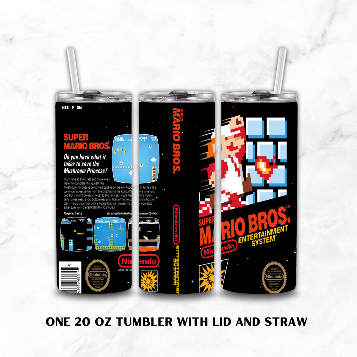 Three views of a 20 oz stainless steel tumbler with lid and straw, featuring a NES Super Mario Bros. entertainment system themed black wrap design.