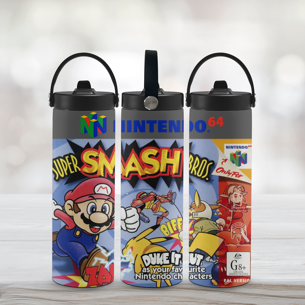 Three water bottles with Nintendo-themed designs Super Smash Bros on a light wooden surface.