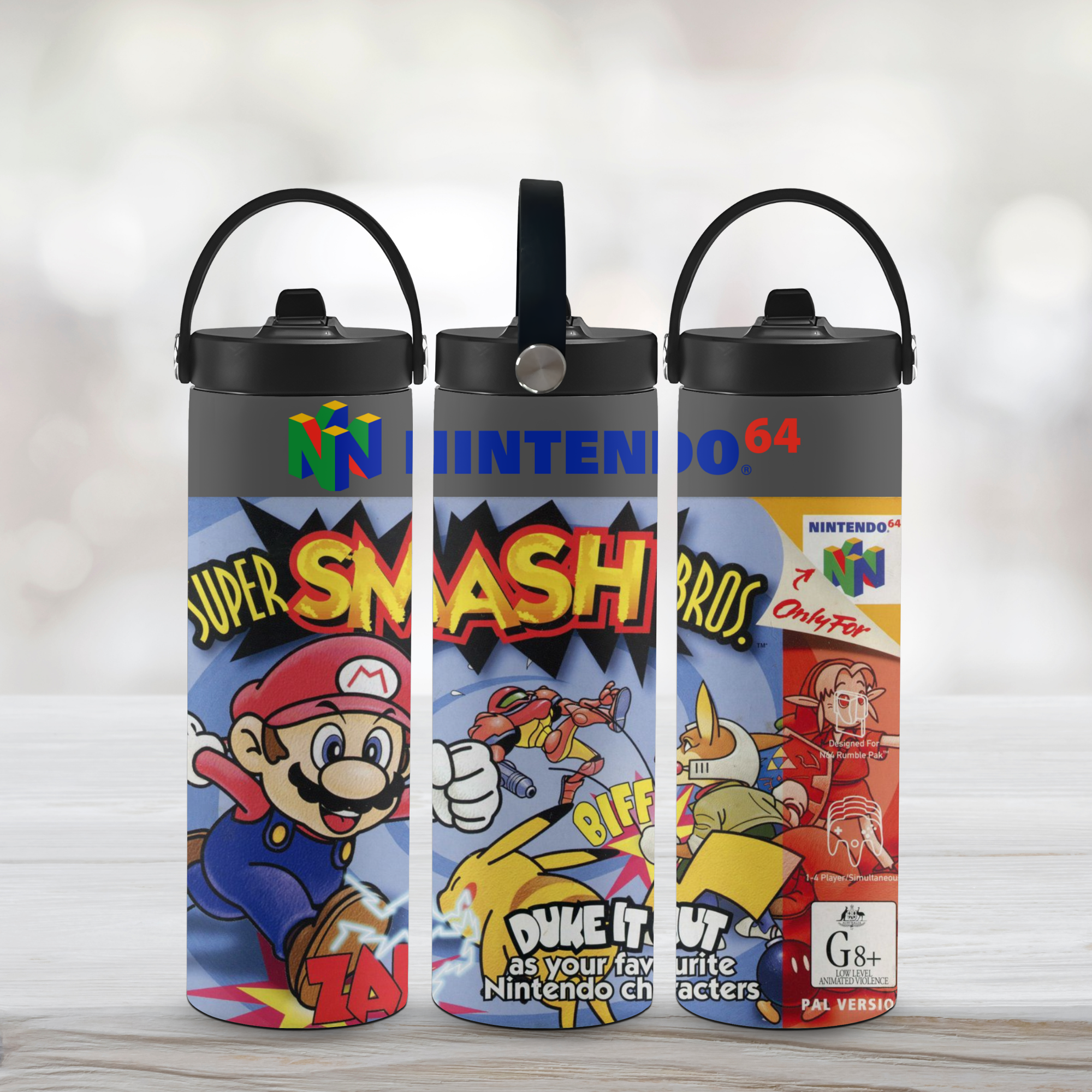 Three water bottles with Nintendo-themed designs Super Smash Bros on a light wooden surface.