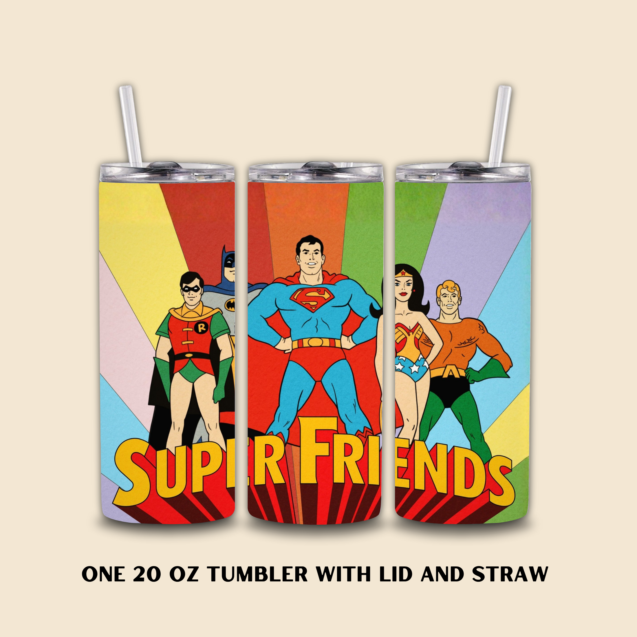 Three super friends-themed tumblers with lids and straws on a beige background.