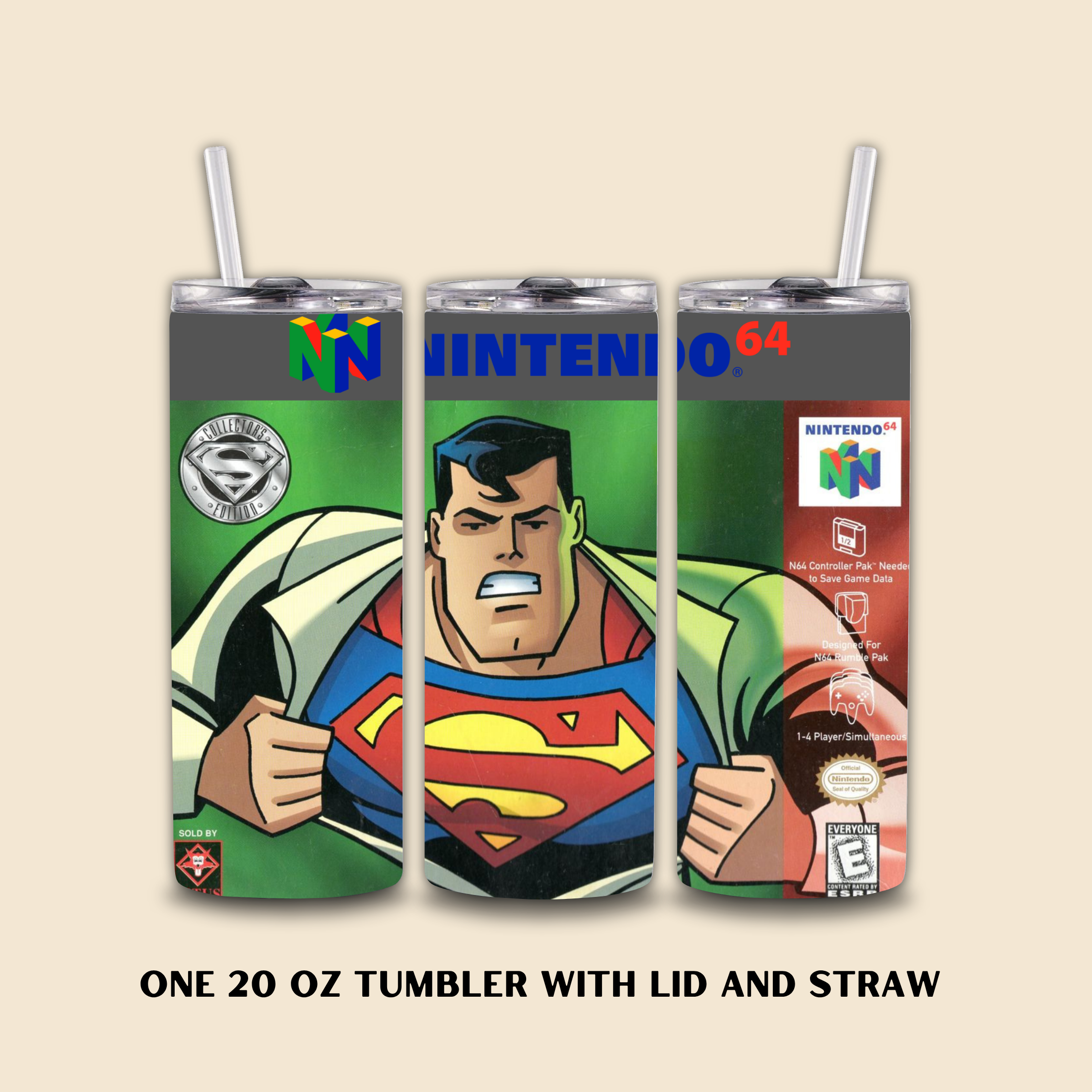 Superman-themed tumbler with lid and straw, inspired by Nintendo 64 on a beige background.