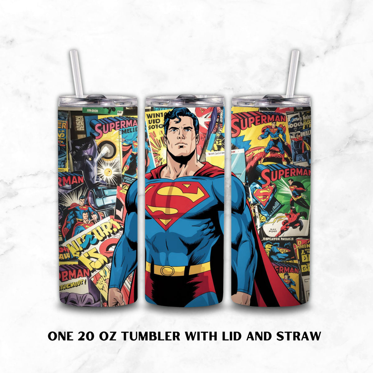 Three views of a 20 oz stainless steel tumbler with lid and straw, featuring a colorful Superman comic book collage print. The center view shows Superman's chest with the 'S' logo.
