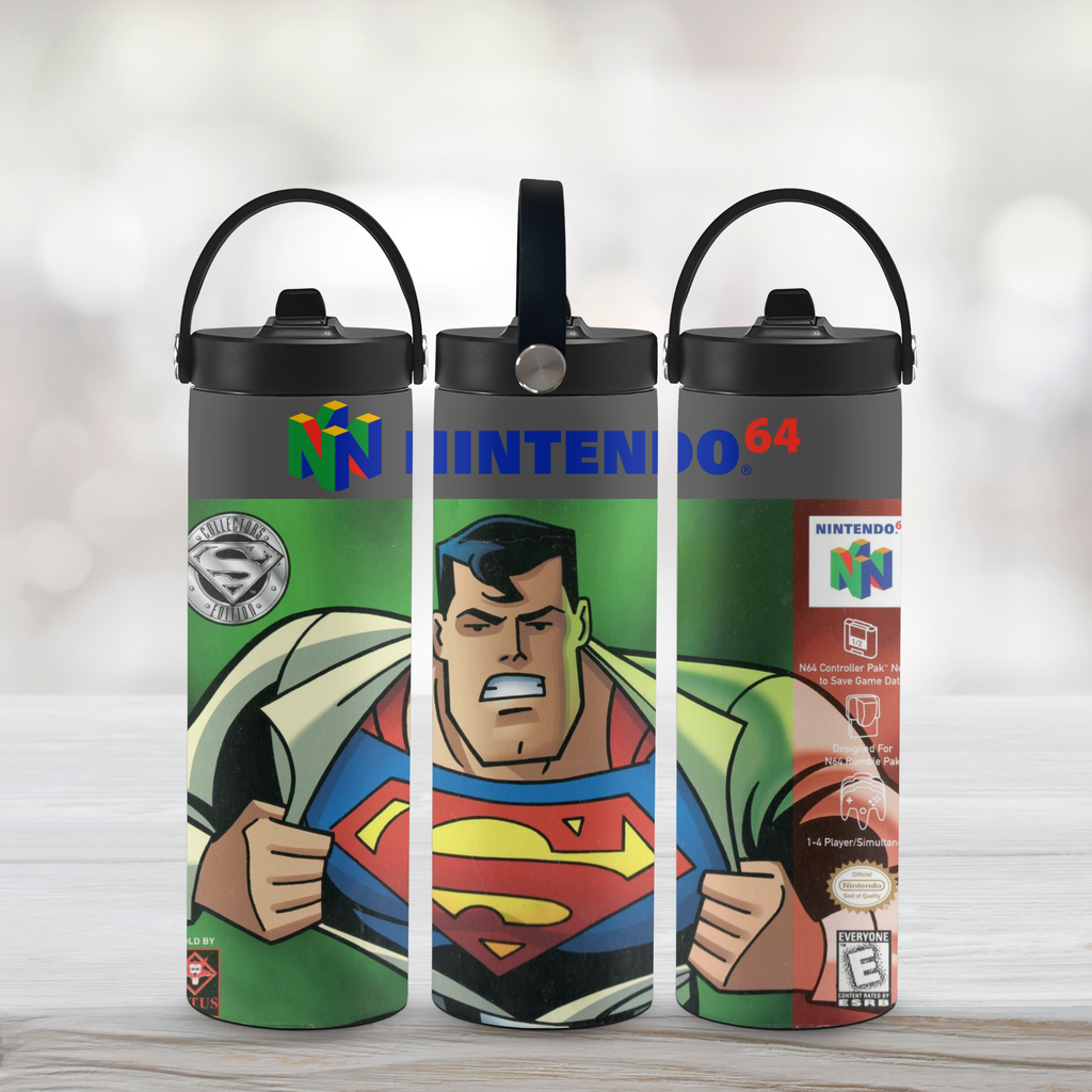 Superman-themed water bottles with Nintendo 64 branding on a light background