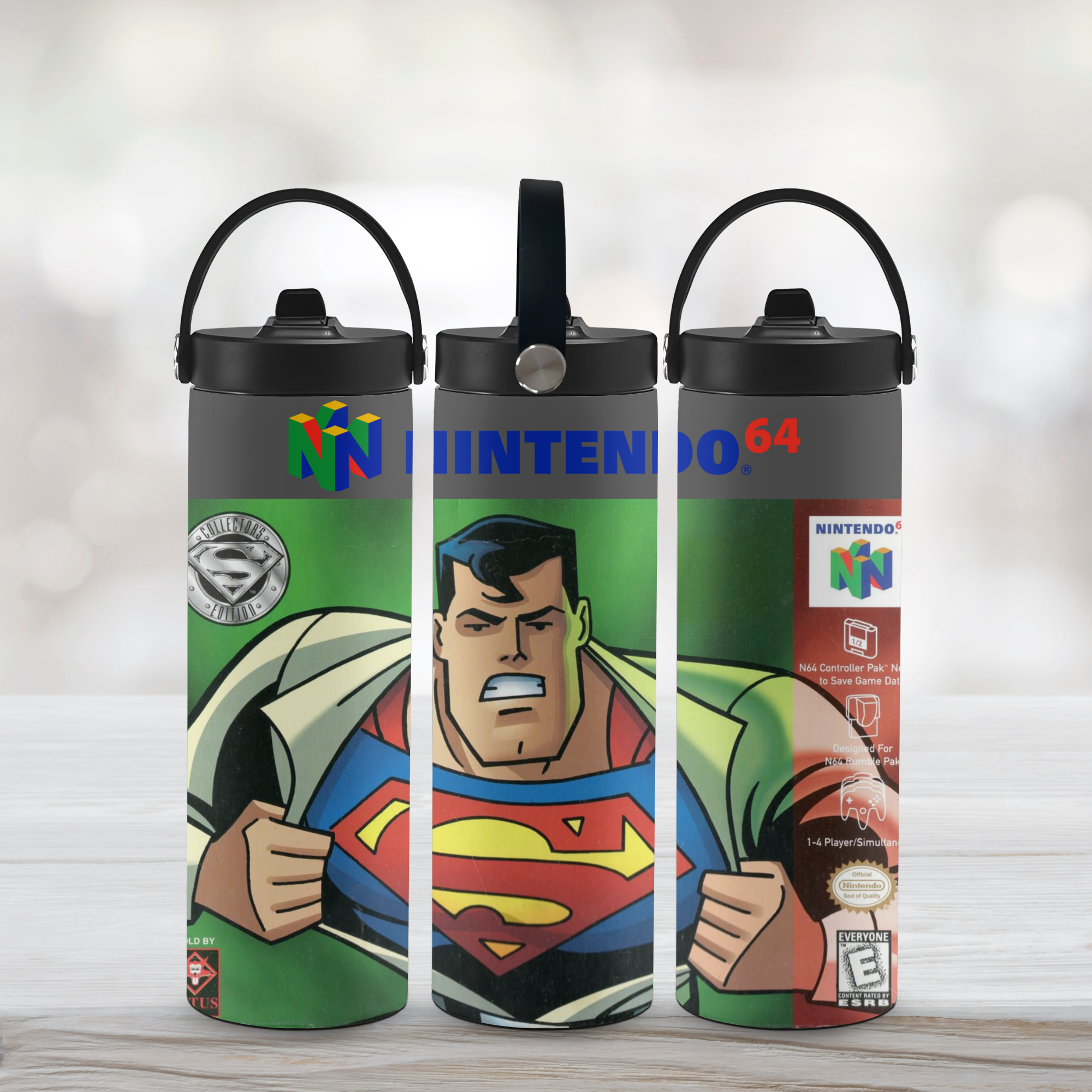 Superman-themed water bottles with Nintendo 64 branding on a light background