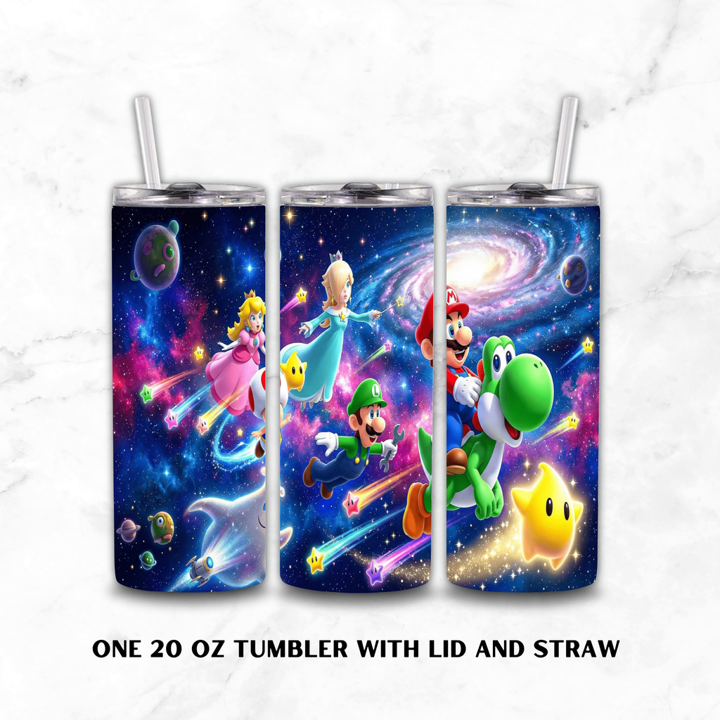 Three views of a 20 oz stainless steel tumbler with lid and straw, featuring a colorful space-themed print with Super Mario characters including Mario, Luigi, Princess Peach, Bowser, and Star Lord on a galaxy background. The tumbler is shown on a white marble surface with text below reading 'ONE 20 OZ TUMBLER WITH LID AND STRAW'.