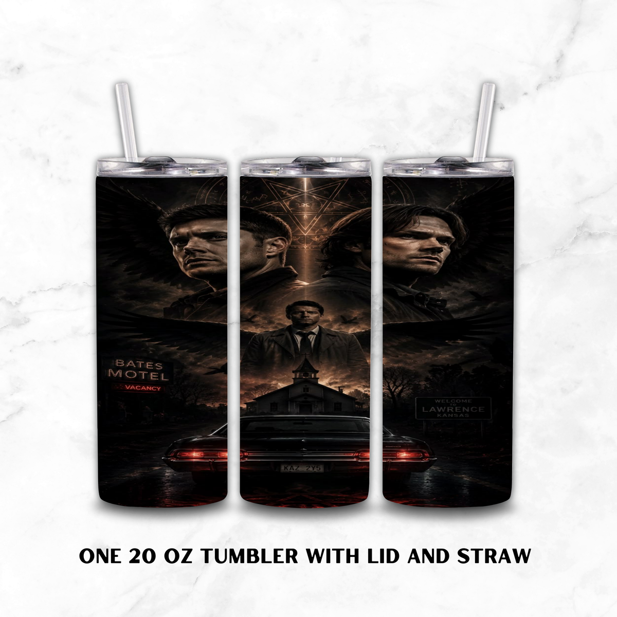 Three views of a 20 oz insulated tumbler with lid and straw, featuring a dark wrap design inspired by the TV show Supernatural, shown on a light marble background with text below.