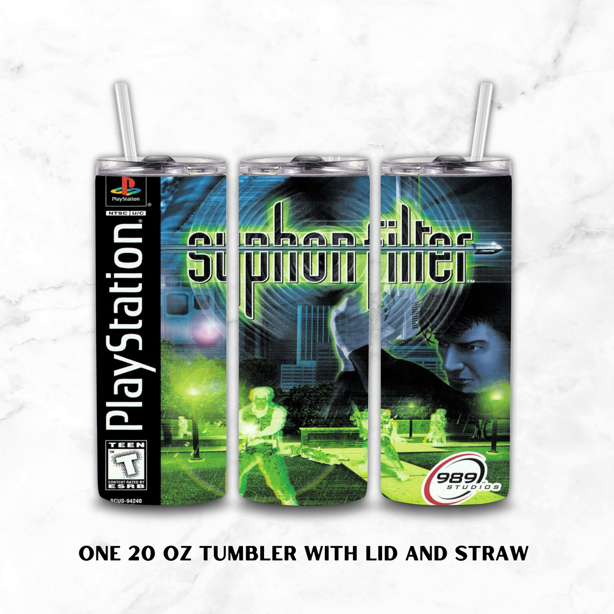 Three views of a 20 oz skinny stainless-steel tumbler with lid and straw, featuring a custom PlayStation 'Syphon Filter' skin wrap on a white marble background