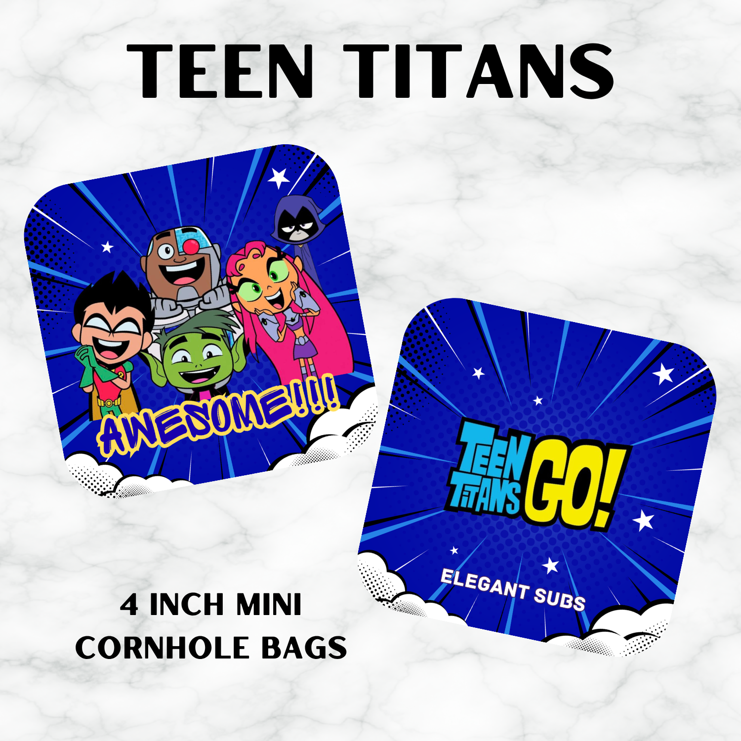 Two Teen Titans-themed cornhole bags on a white background with text indicating size and brand.