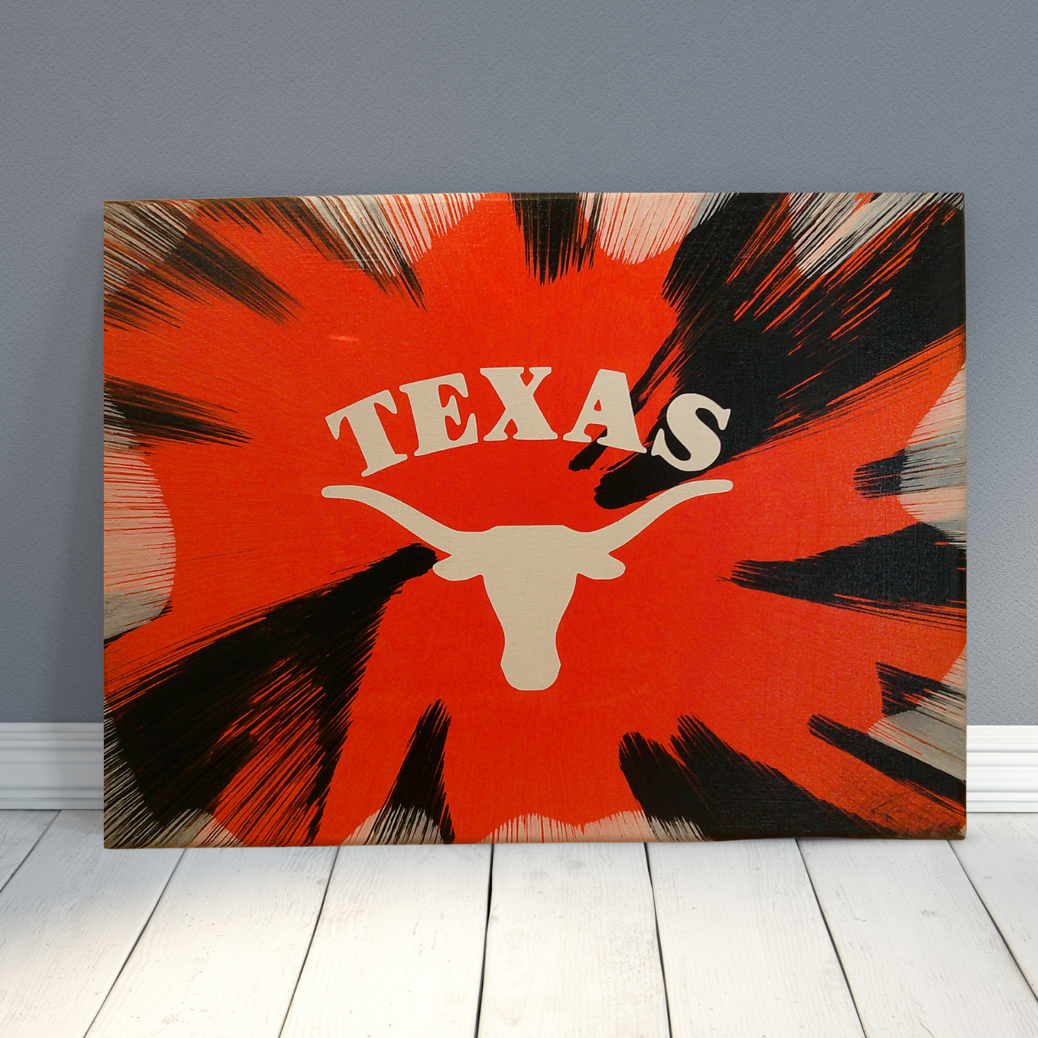 Spin Art canvas of Texas Longhorns logo vibrant team colors on a wall background