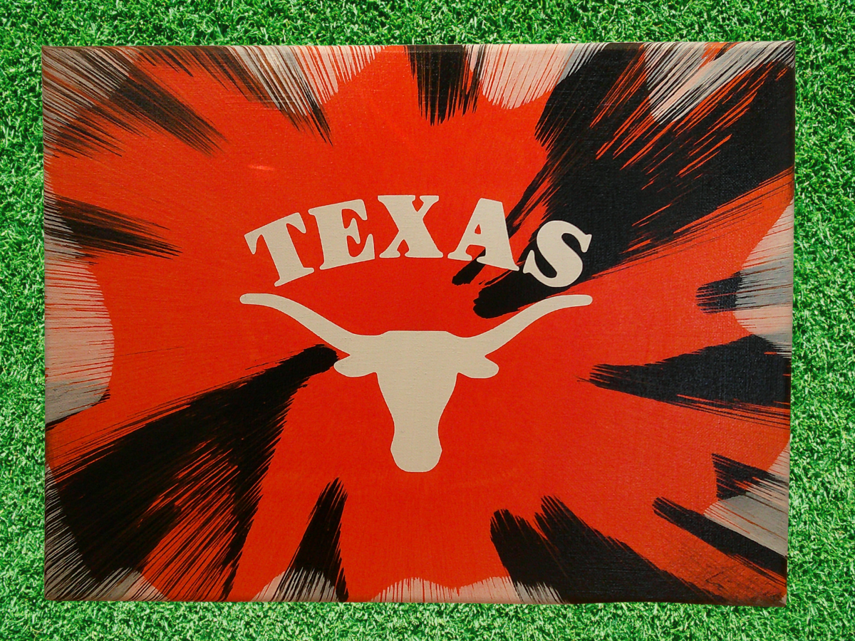 Texas Longhorn Football Spin Art on a green grass background