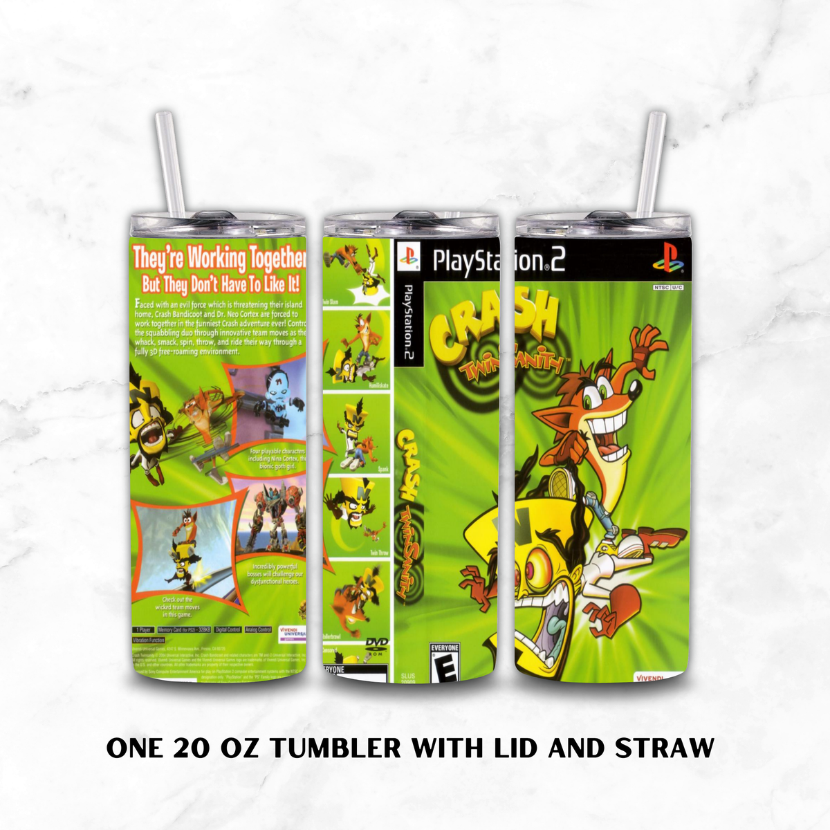 Three views of a 20 oz insulated tumbler with lid and straw, wrapped in a Crash Twinsanity PlayStation 2 themed skin, displayed on a white marble background with text reading 'ONE 20 OZ TUMBLER WITH LID AND STRAW'.