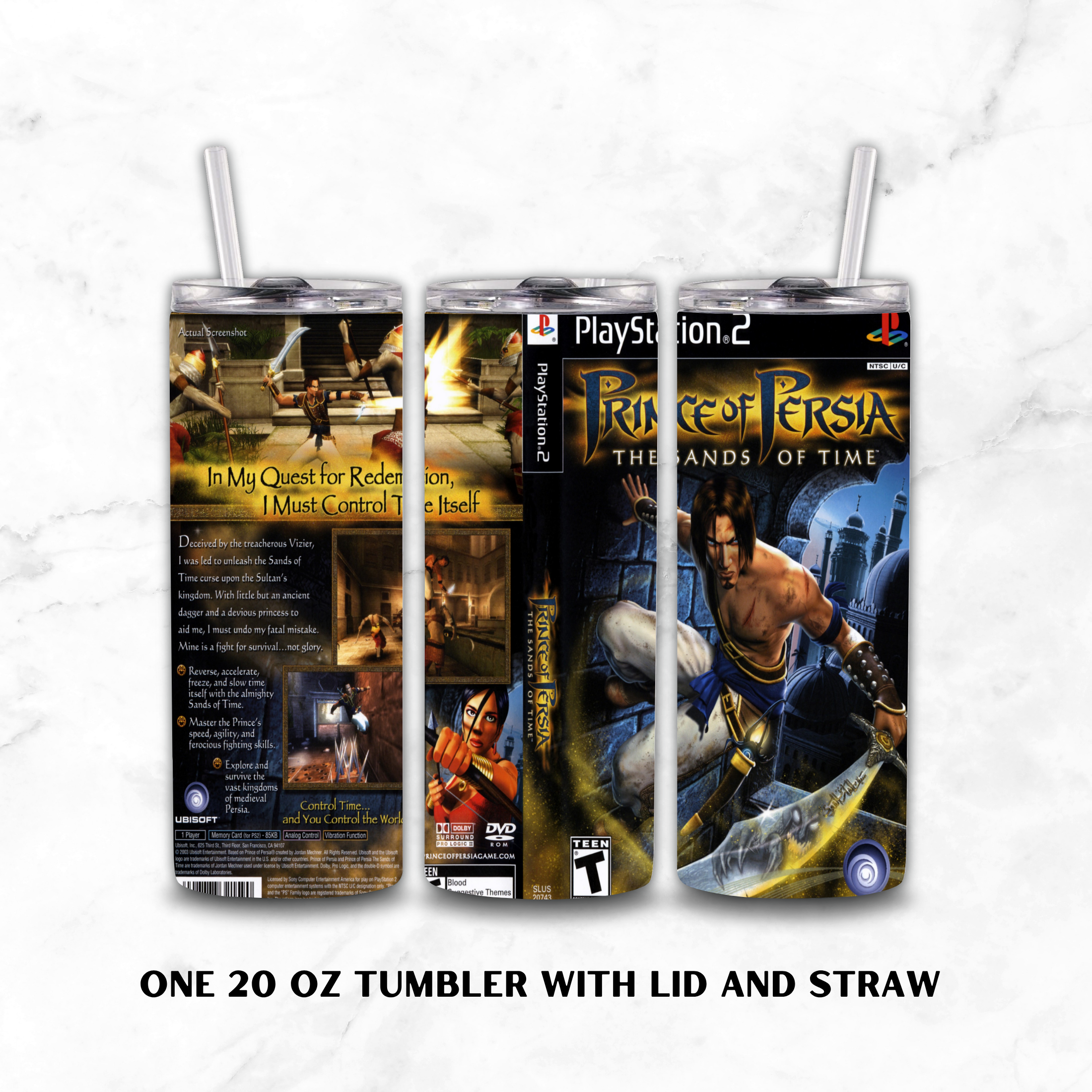 A 20 oz insulated tumbler with lid and straw shown from three angles on a white marble background. The tumbler wrap features Prince of Persia: The Sands of Time PlayStation 2 game artwork and text, including the PlayStation 2 logo and E10 rating.