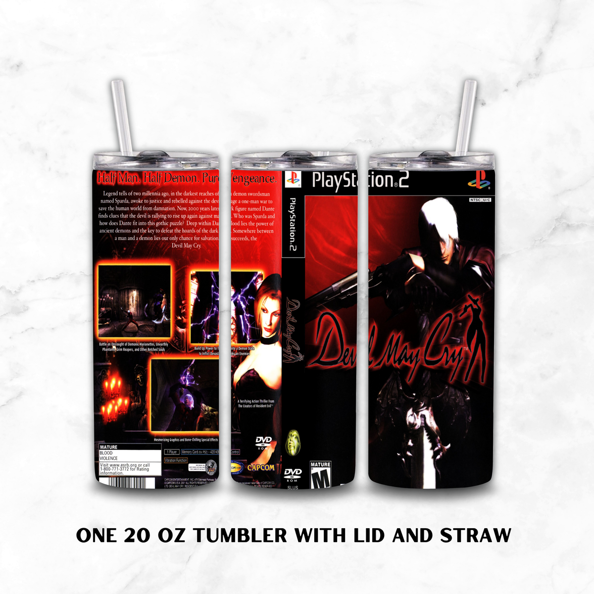 Three views of a 20 oz tumbler with lid and straw, printed with Devil May Cry game artwork, shown on a white marble background with text reading 'ONE 20 OZ TUMBLER WITH LID AND STRAW'.
