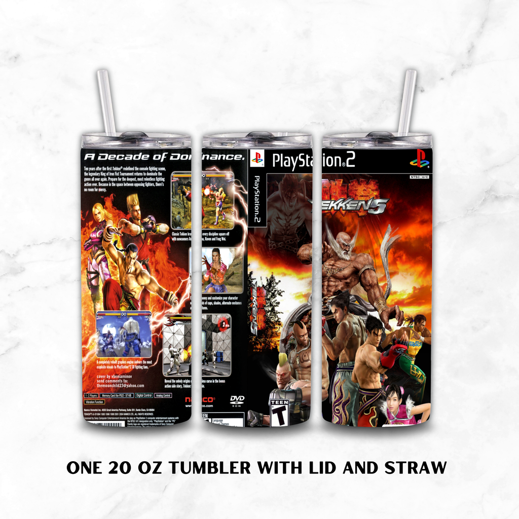 Three views of a 20 oz tumbler with lid and straw, featuring a full wrap design of Tekken 5 game artwork on a white marble background.