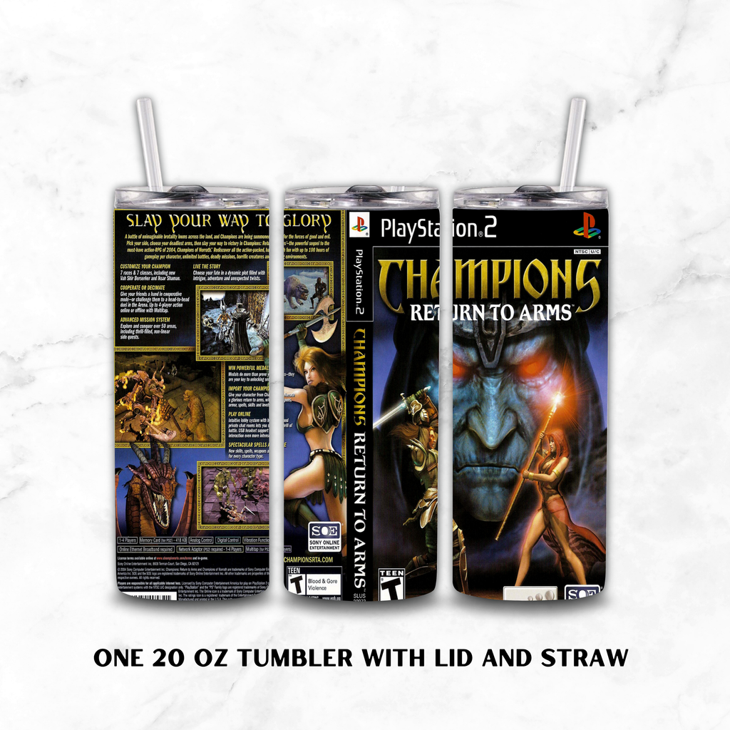 Three views of a 20 oz insulated tumbler with lid and straw, wrapped in a PlayStation 2 Champions Return to Arms game sleeve design, shown on a light marble background with text below.