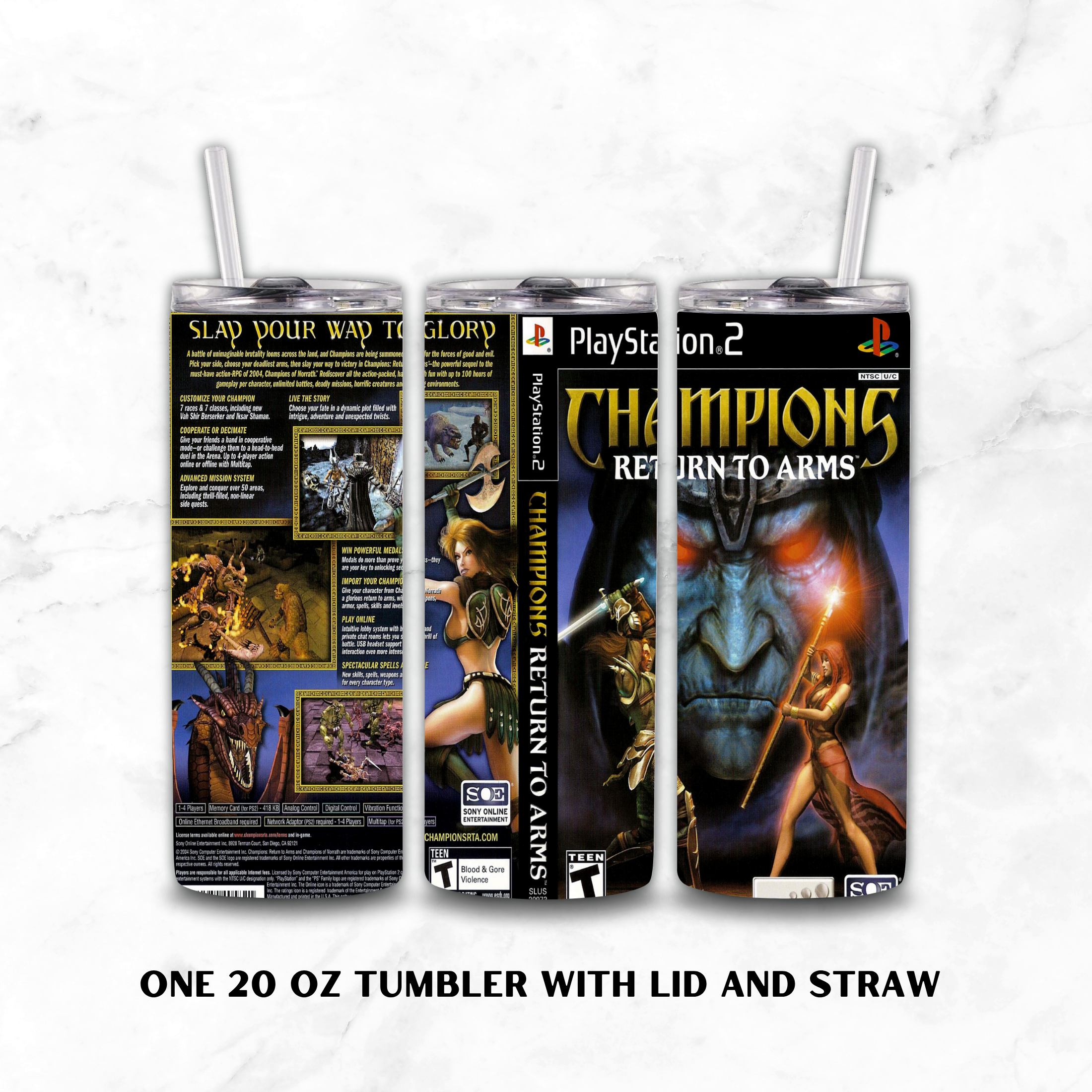 Three views of a 20 oz insulated tumbler with lid and straw, wrapped in a PlayStation 2 Champions Return to Arms game sleeve design, shown on a light marble background with text below.