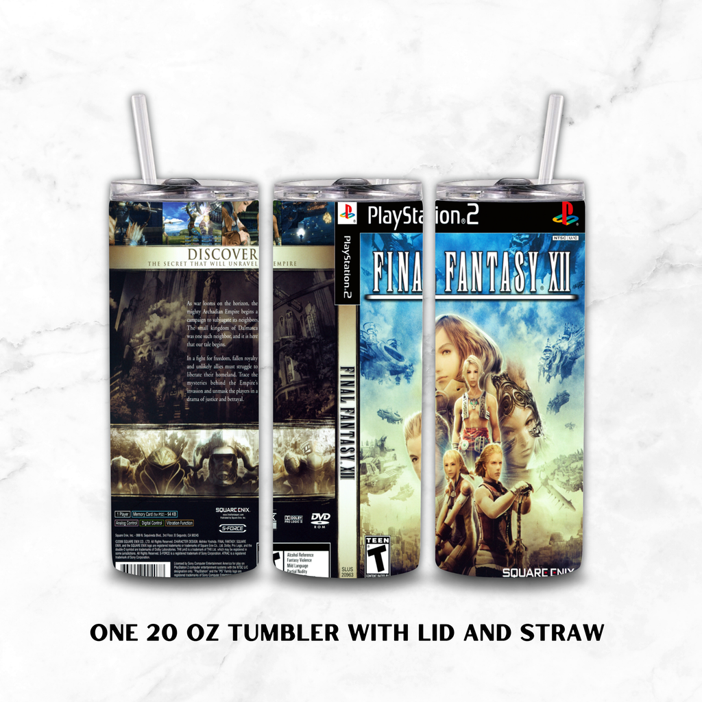 Three views of a 20 oz tumbler with lid and straw, featuring a PlayStation 2 'Final Fantasy XII' game design, shown on a white marble background with text reading 'ONE 20 OZ TUMBLER WITH LID AND STRAW'.