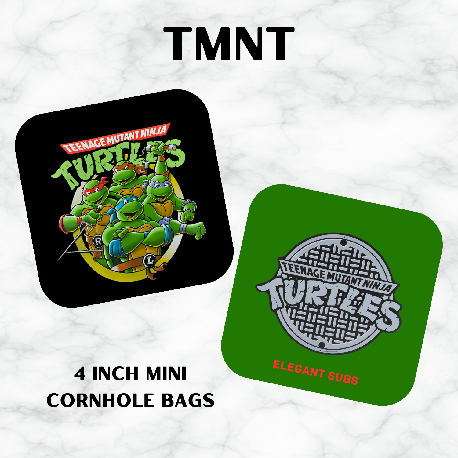 Two cornhole bags with Teenage Mutant Ninja Turtles design on a textured white background.