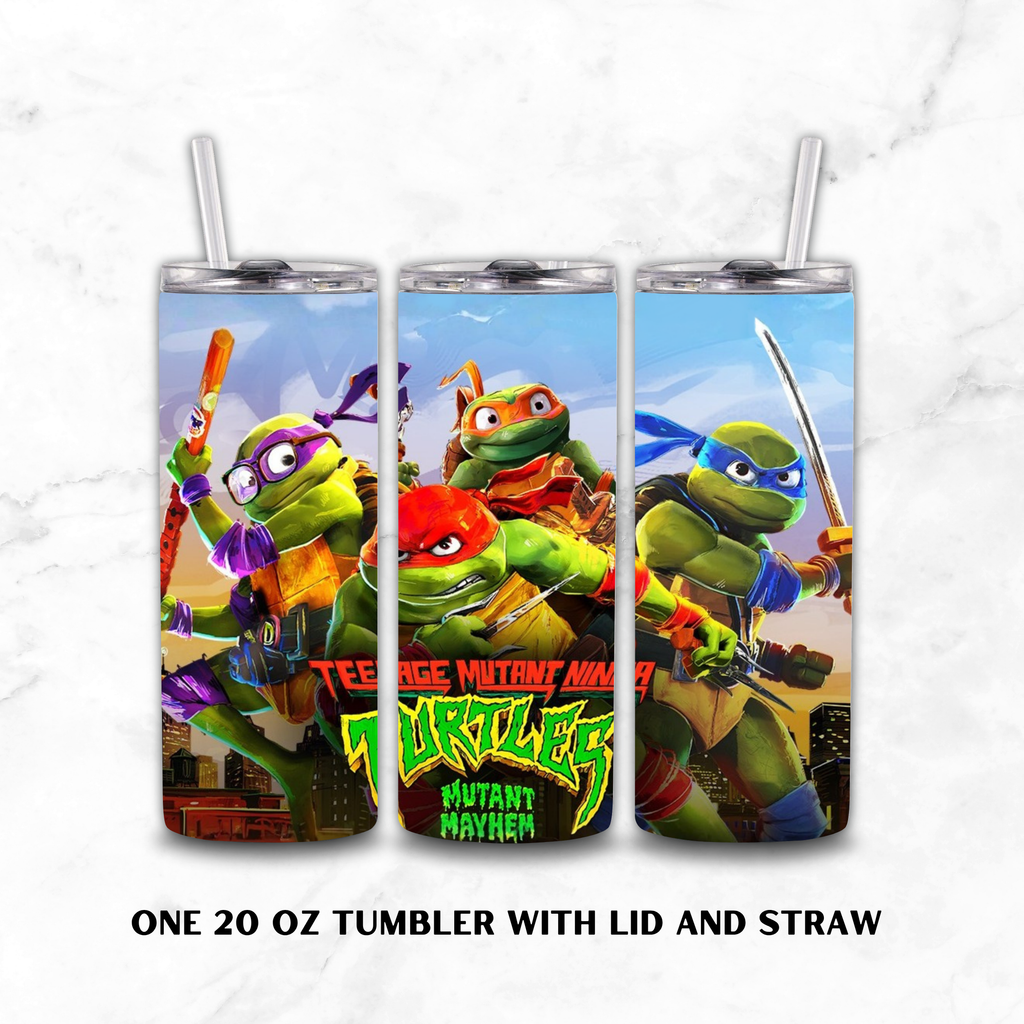 Three views of a 20 oz stainless steel tumbler with lid and straw, featuring a colorful Teenage Mutant Ninja Turtles Mutant Mayhem character wrap. The turtles are depicted in their signature colors (purple, red, blue, and orange masks and shells) against a light gray marble background.