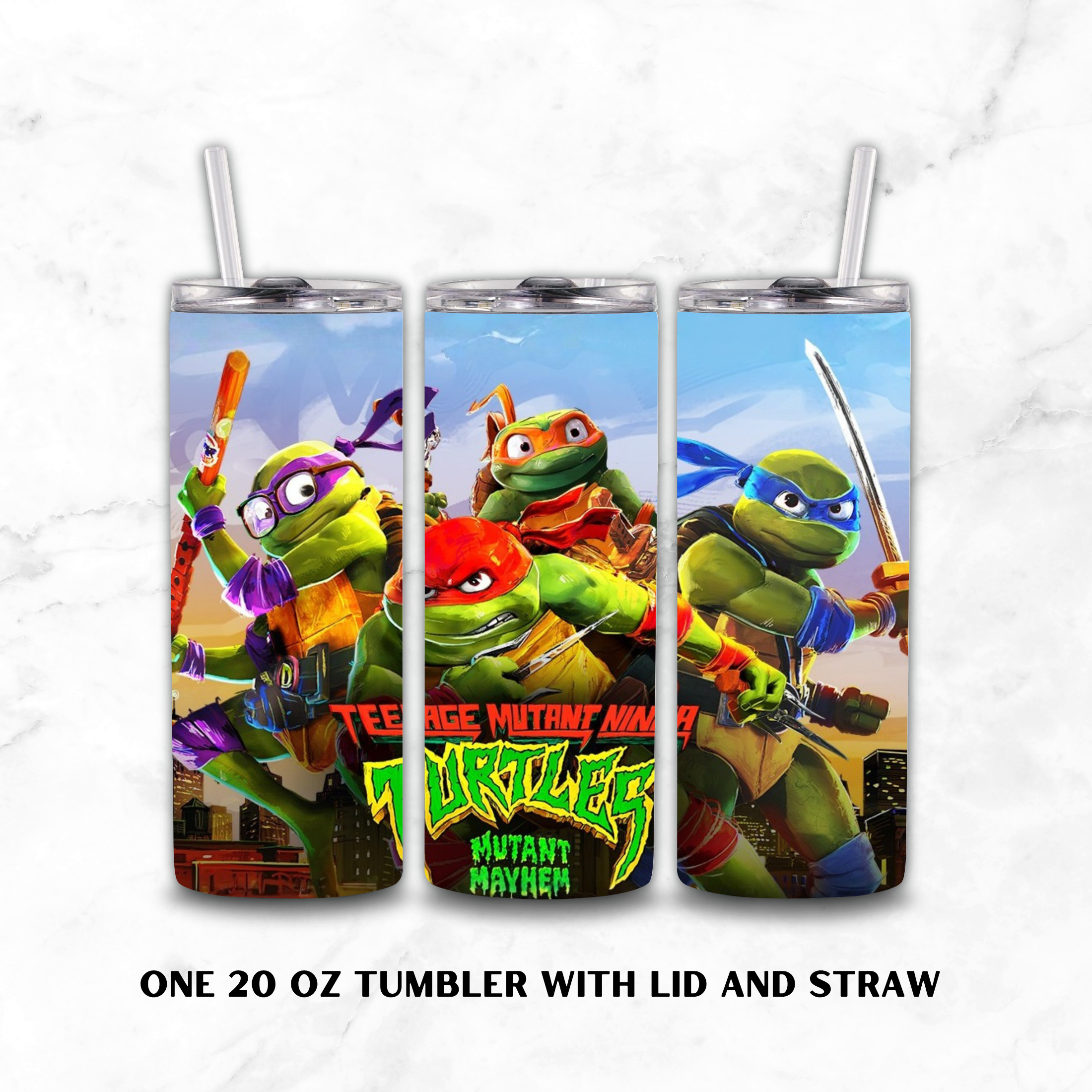 Three views of a 20 oz stainless steel tumbler with lid and straw, featuring a colorful Teenage Mutant Ninja Turtles Mutant Mayhem character wrap. The turtles are depicted in their signature colors (purple, red, blue, and orange masks and shells) against a light gray marble background.
