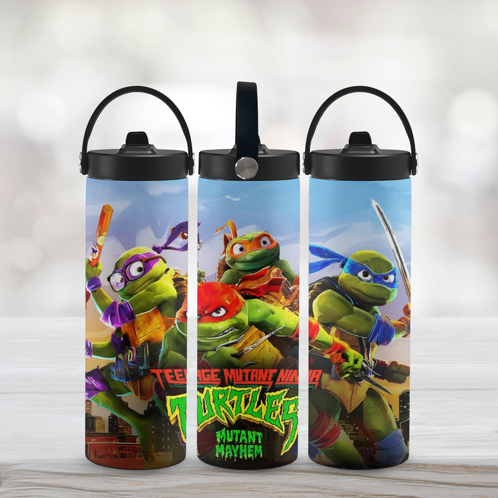 Three water bottles with Teenage Mutant Ninja Turtles design on a light background