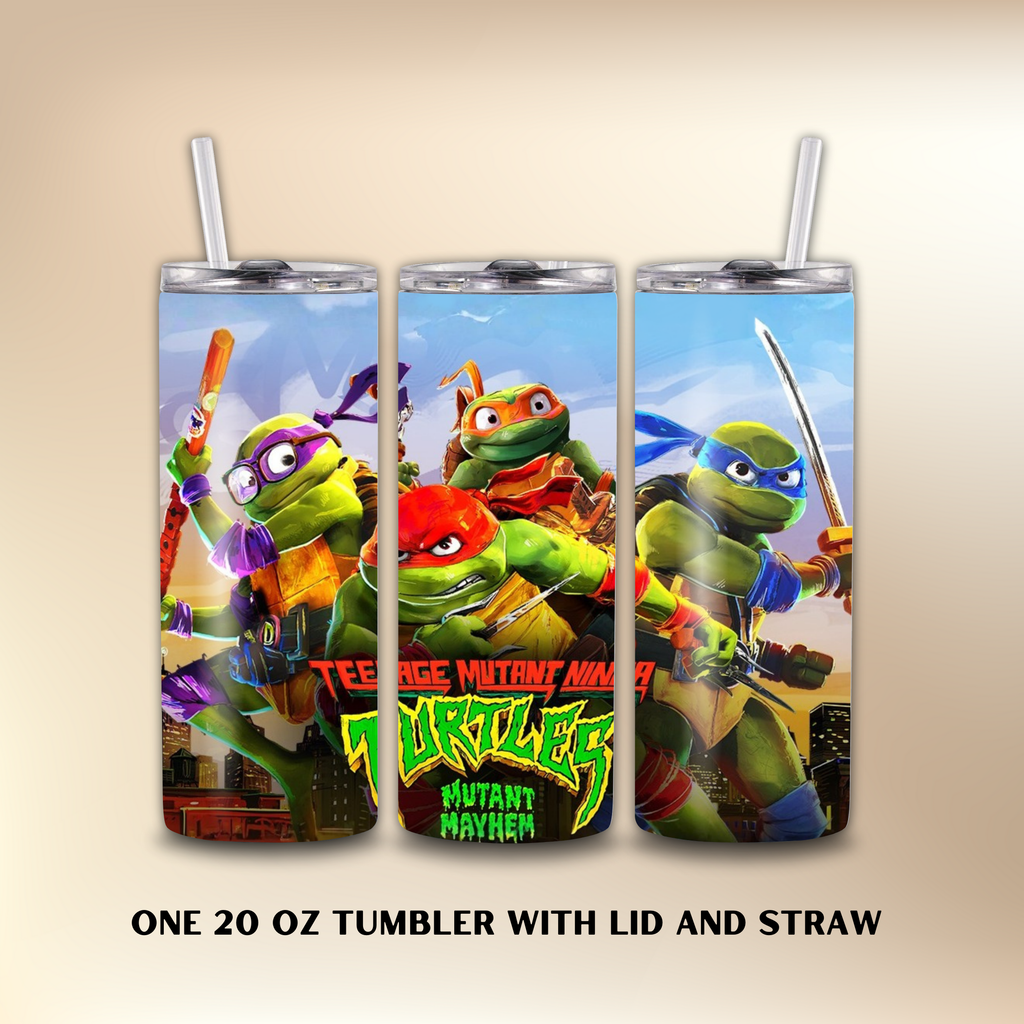 Three Teenage Mutant Ninja Turtles tumblers with lids and straws on a beige background.